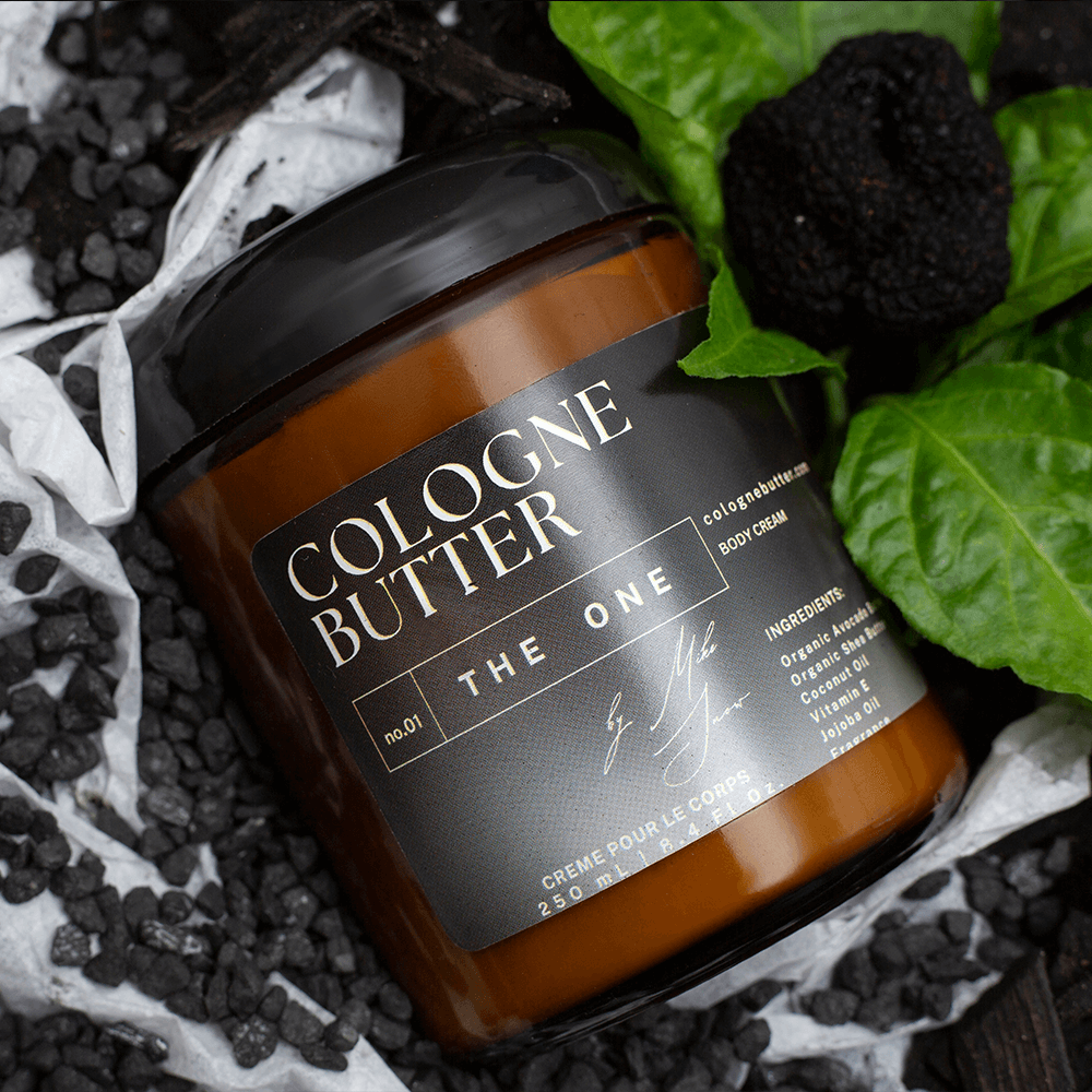 CB Cologne Butter The One body butter jar open showing creamy texture with warm amber and vanilla fragrance