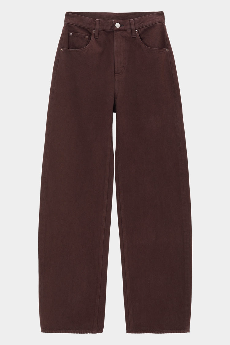 High-rise relaxed wide-leg jeans in mid-weight non-stretch cotton denim, front view showing button closure and full-length leg