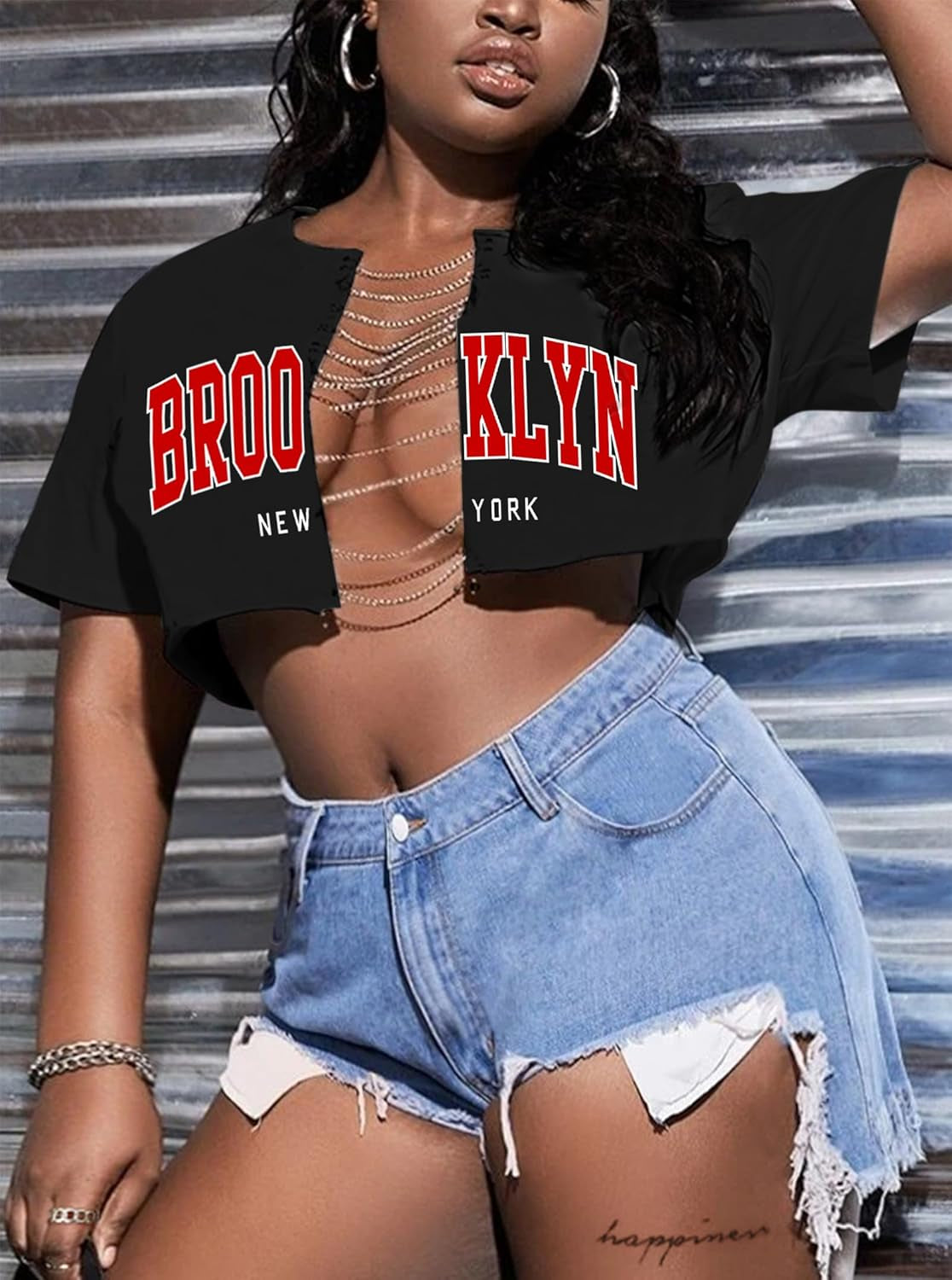 Women'S Sexy Graphic Crop Tops Summer Cut Out Chain Shirts Short Sleeve Cropped Tee