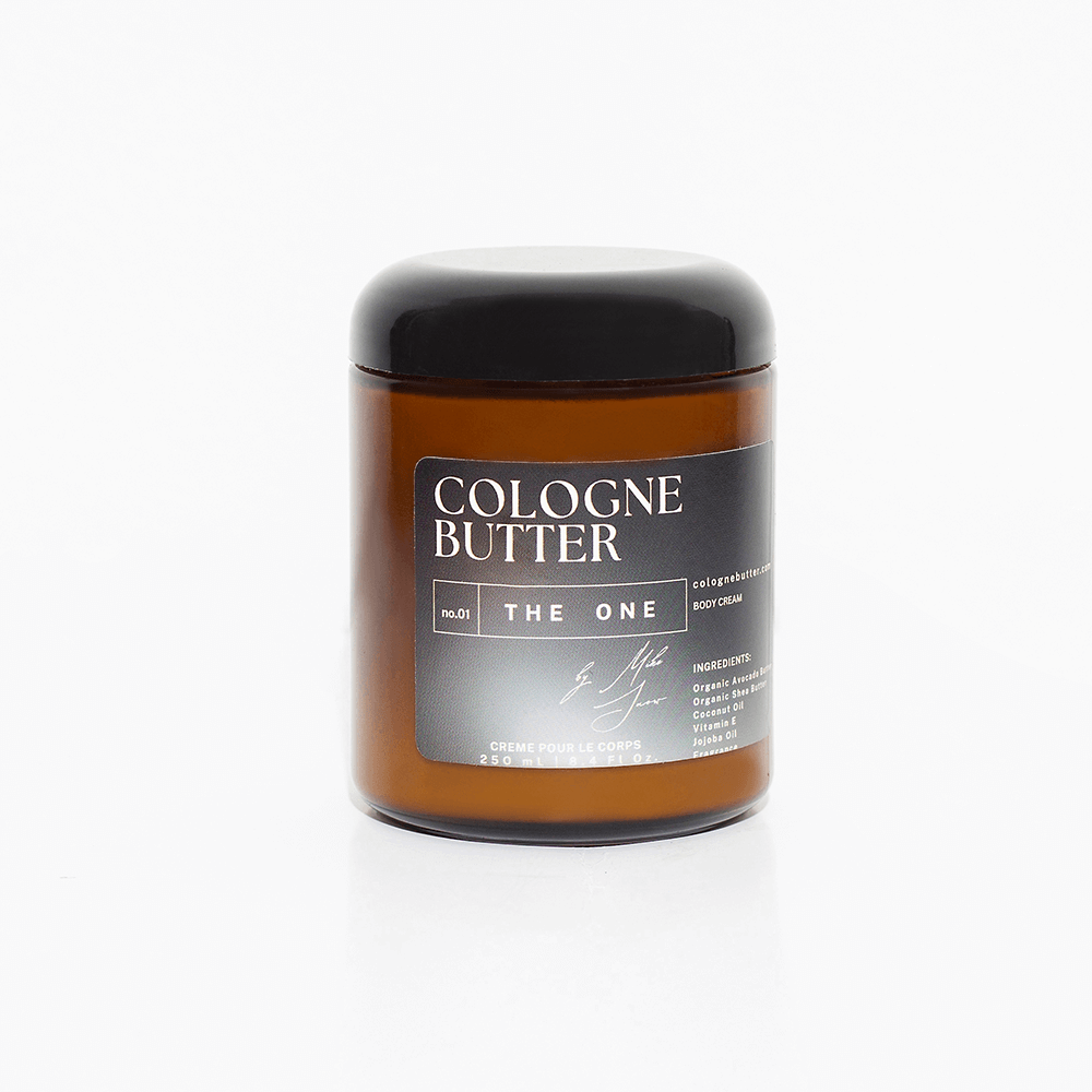 CB Cologne Butter The One body butter jar open showing creamy texture with warm amber and vanilla fragrance
