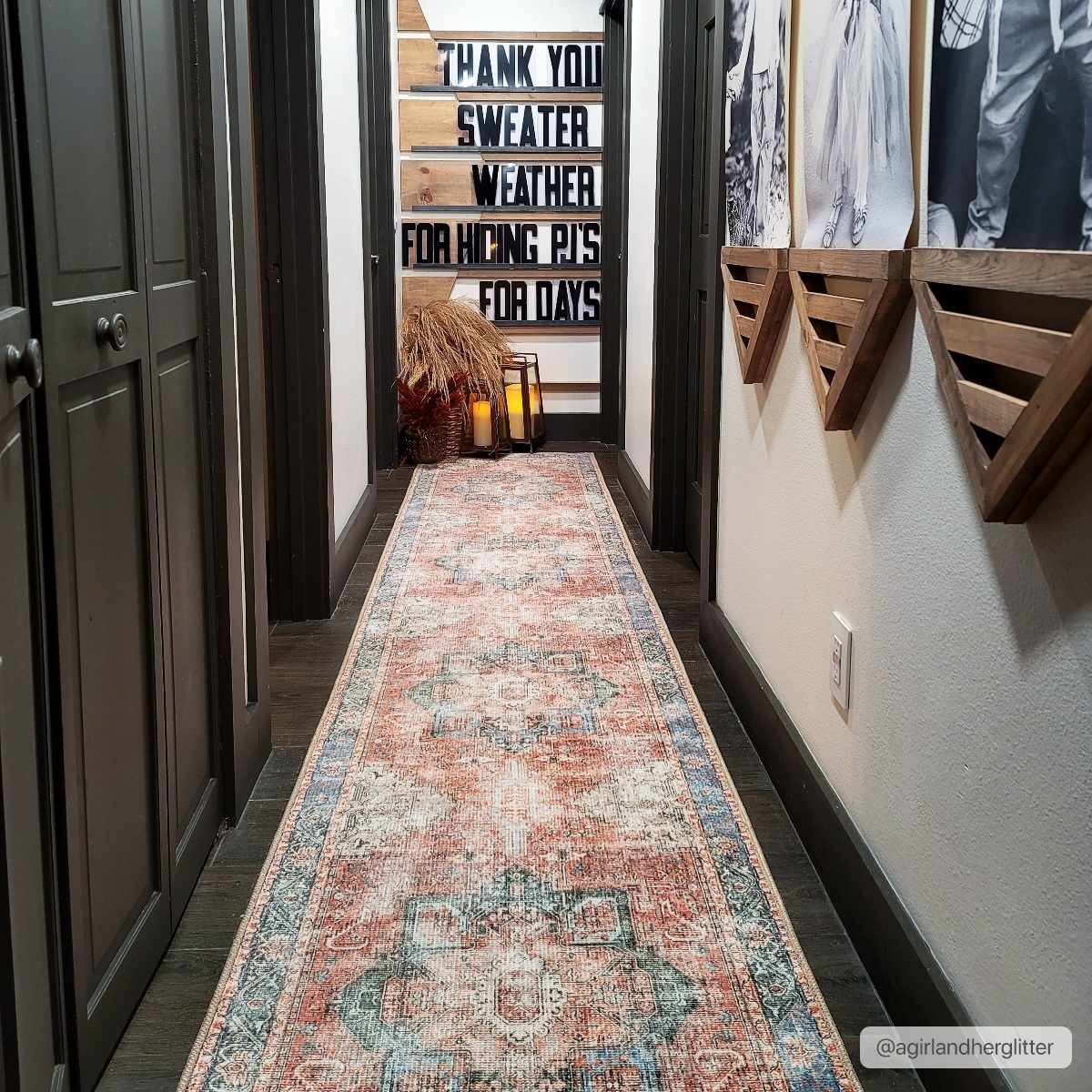 Rosman distressed flat weave area rug in warm red, blue, and earthy tones with vintage-inspired pattern