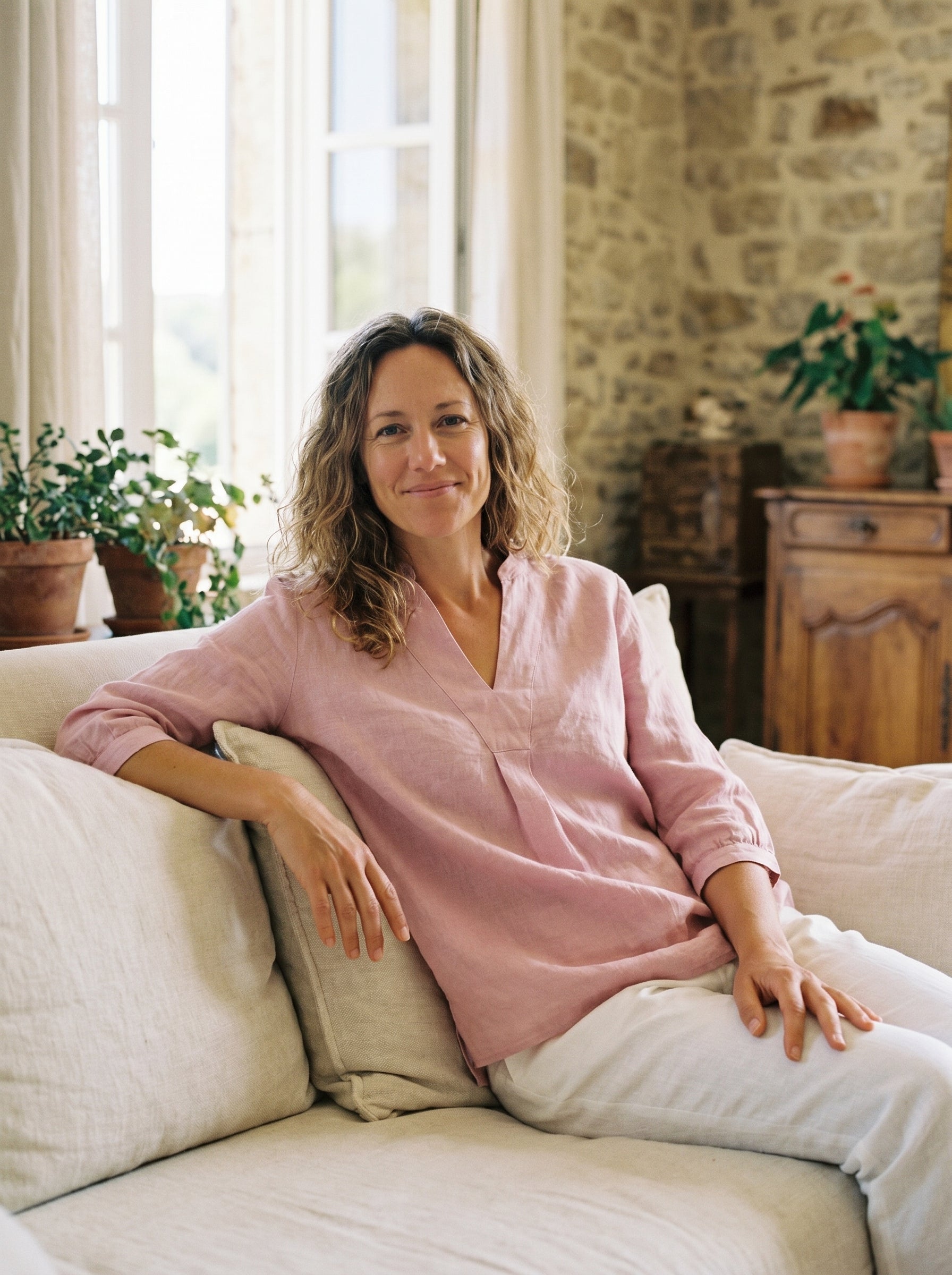 Relaxed-fit 100% linen shirt dress with stand-up collar and side vents in a soft natural tone