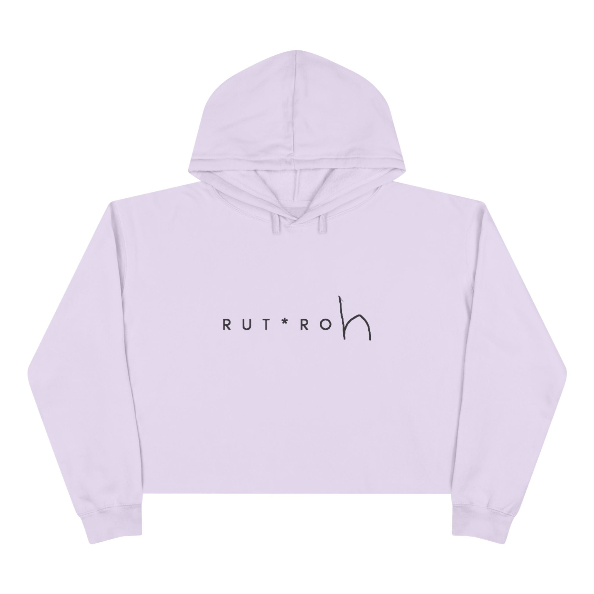 White cropped hoodie with minimal hand-drawn RUT*ROh chest graphic, dropped shoulders and raw hem, casual streetwear style