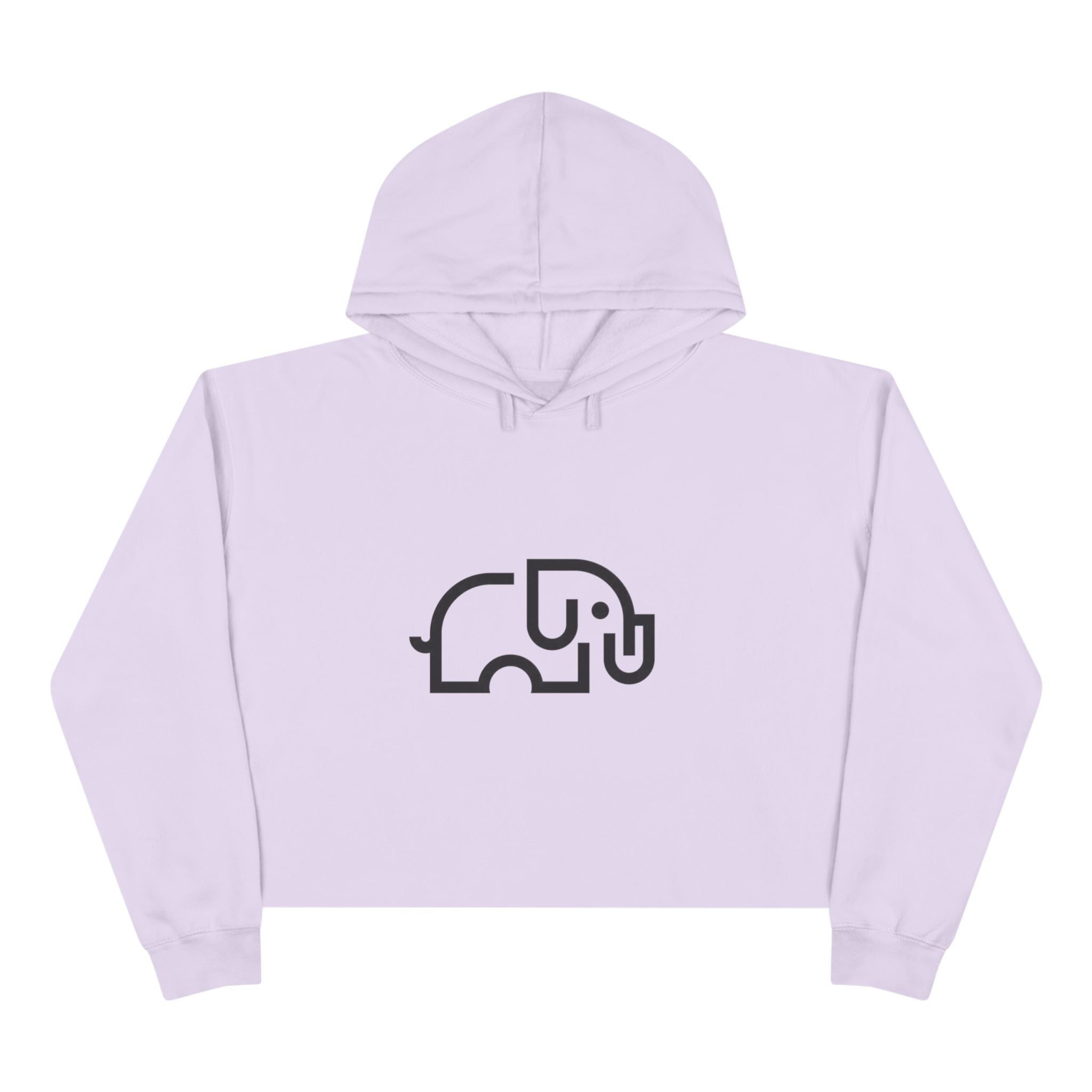 Women's pale pink cropped hoodie with minimalist single-line elephant graphic on chest, shown from front on female model