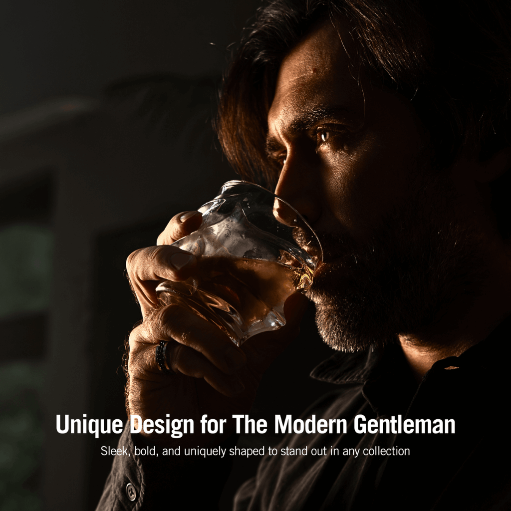 Handcrafted Storm Crystal Whisky Glass with textured exterior and smooth interior, filled with amber whisky