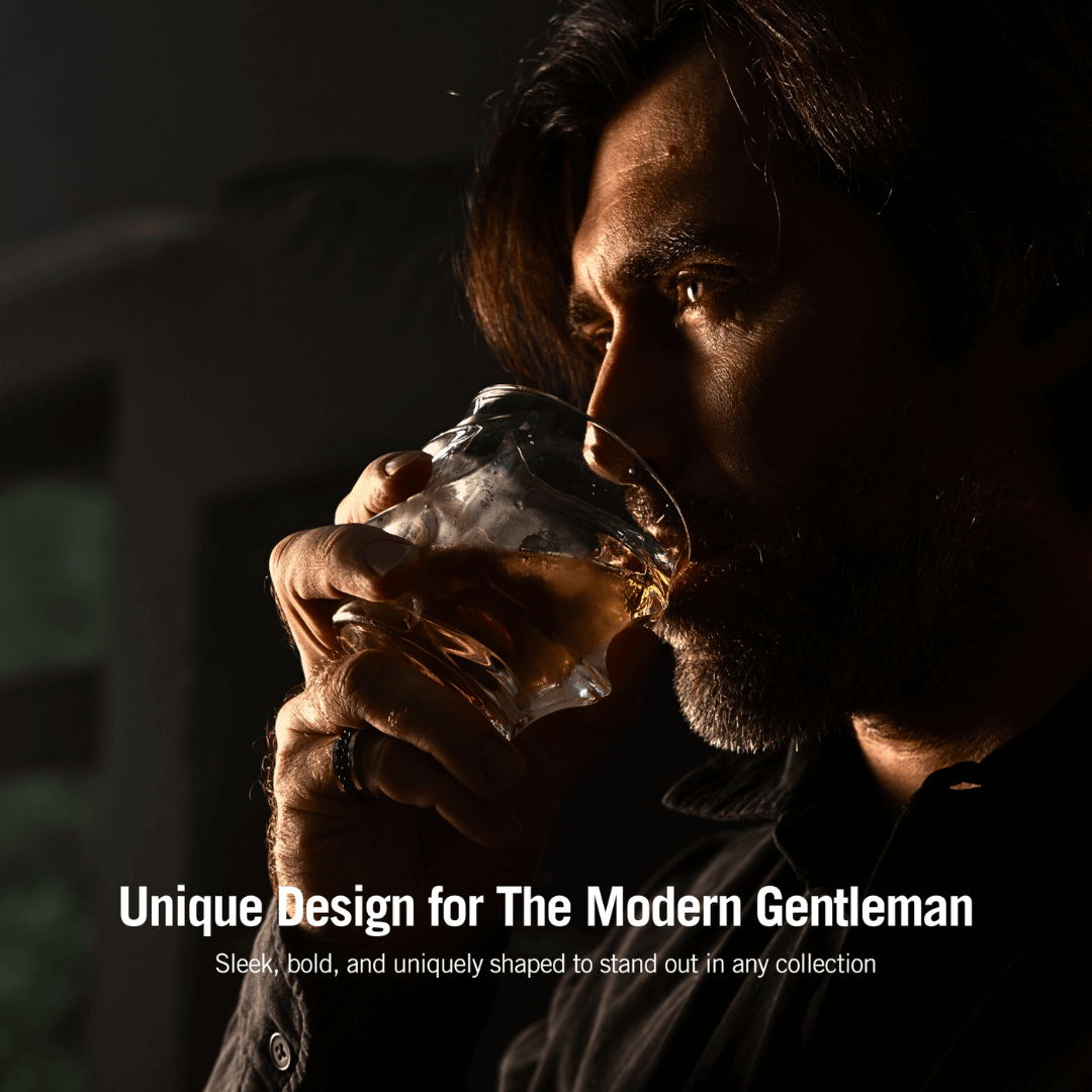 Handcrafted Storm Crystal Whisky Glass with textured exterior and smooth interior, filled with amber whisky