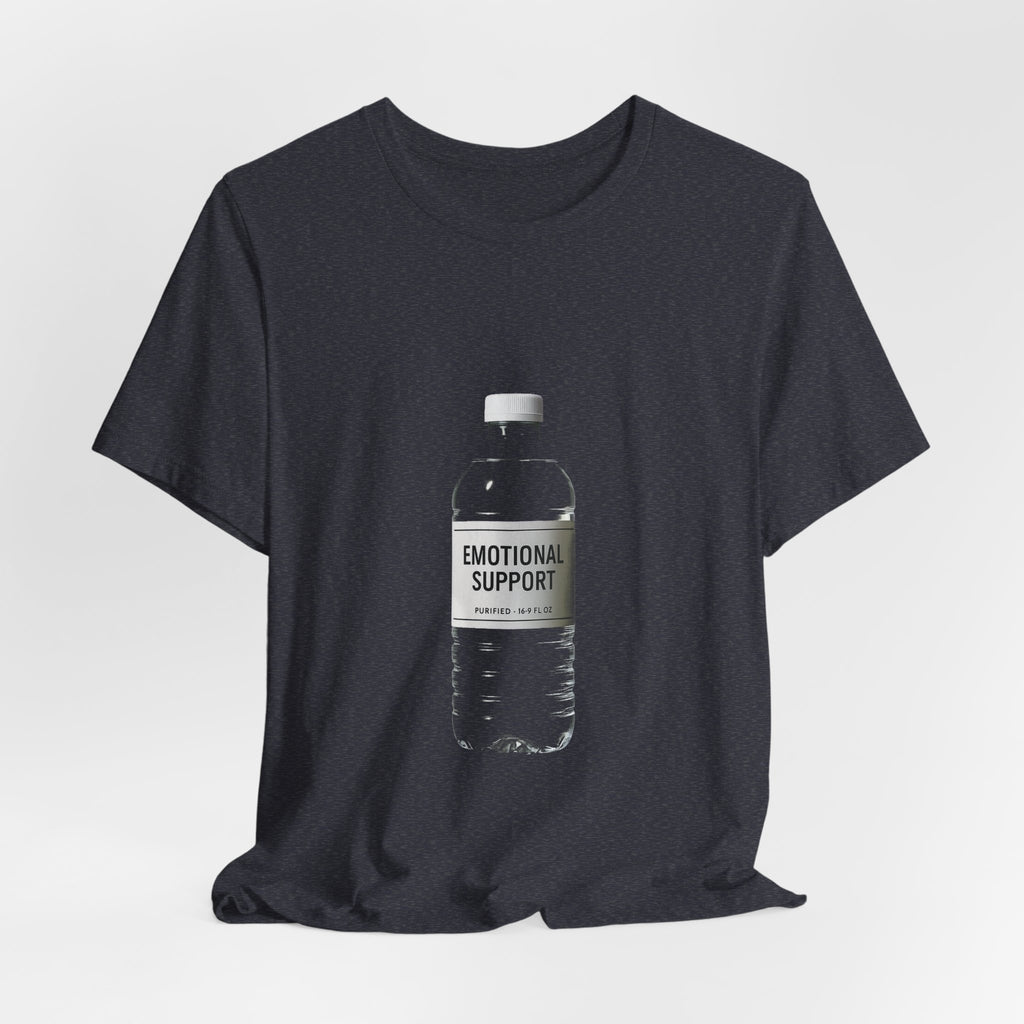 Unisex black Bella+Canvas graphic tee with Emotional Support Water Bottle print, shown flat lay, sizes S to 3XL