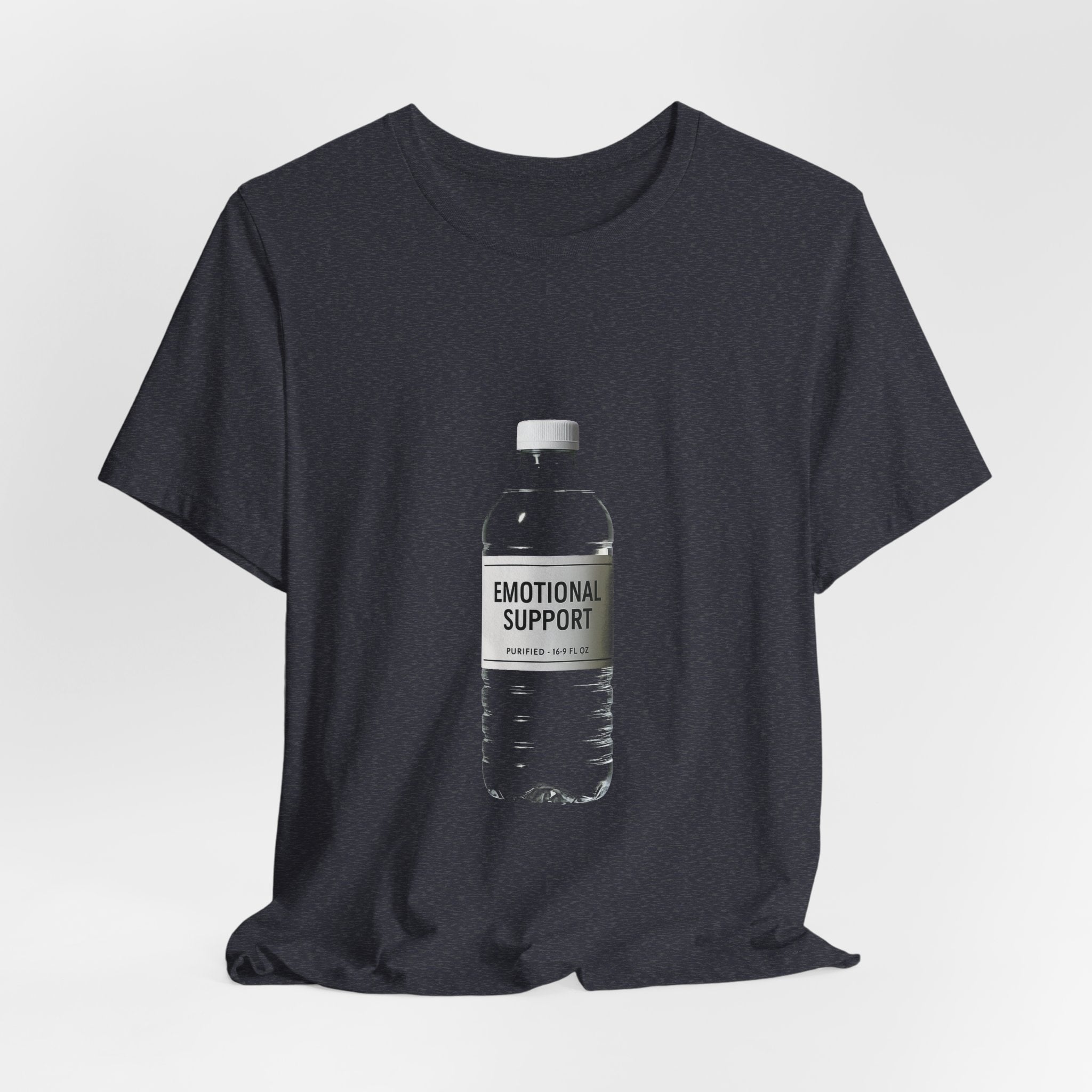 Unisex black Bella+Canvas graphic tee with Emotional Support Water Bottle print, shown flat lay, sizes S to 3XL