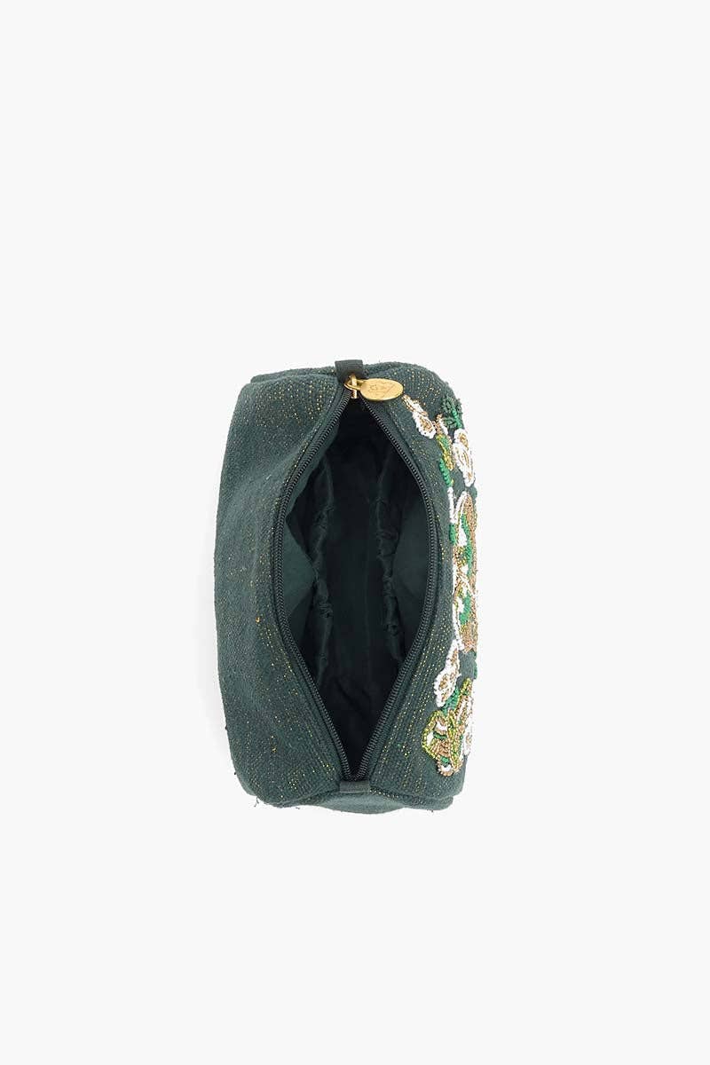 Hunter green hand-beaded pouch with gold and green butterflies and flowers