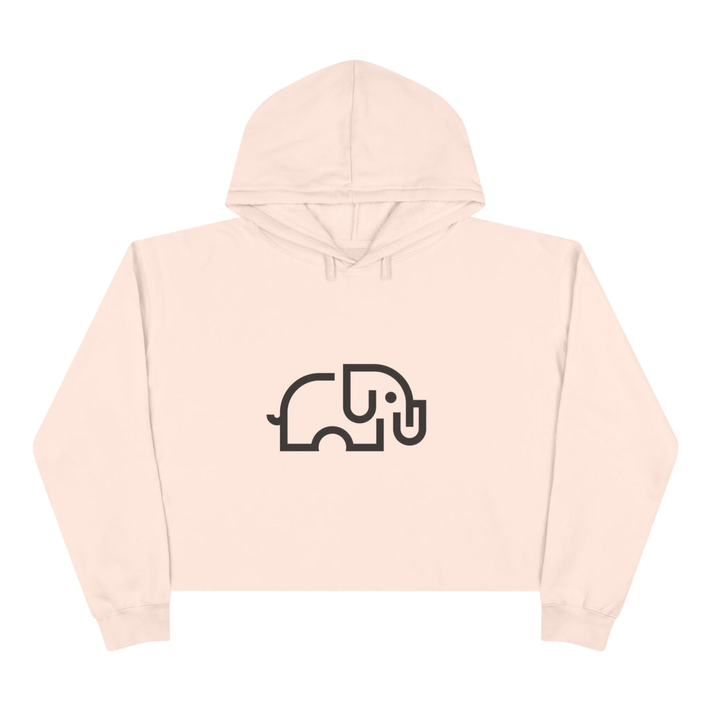 Women's pale pink cropped hoodie with minimalist single-line elephant graphic on chest, shown from front on female model