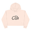 Women's pale pink cropped hoodie with minimalist single-line elephant graphic on chest, shown from front on female model
