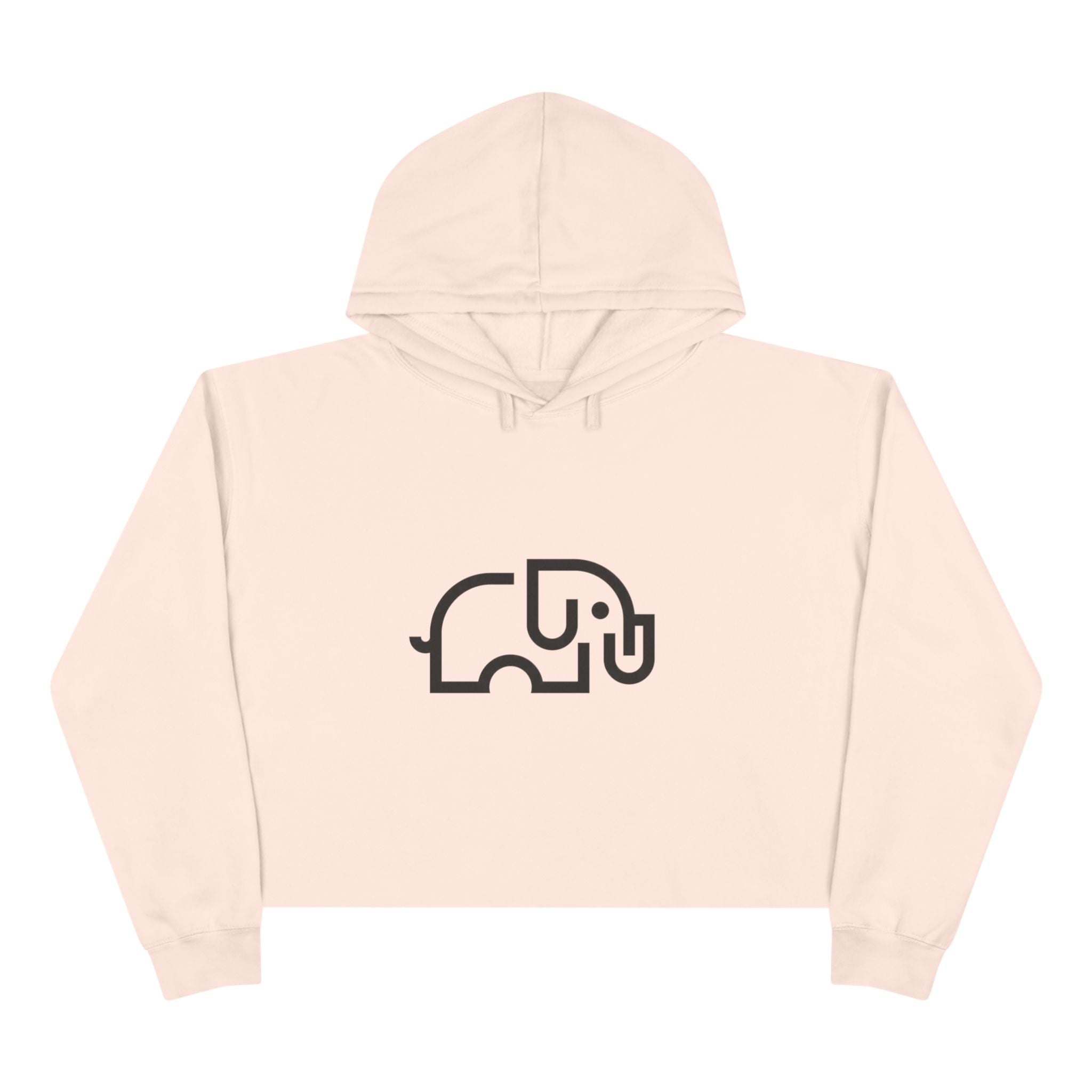 Women's pale pink cropped hoodie with minimalist single-line elephant graphic on chest, shown from front on female model