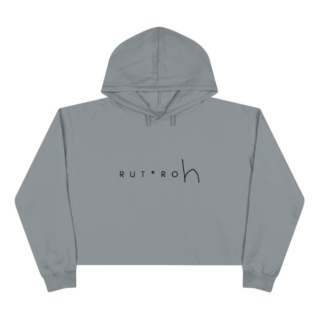 White cropped hoodie with minimal hand-drawn RUT*ROh chest graphic, dropped shoulders and raw hem, casual streetwear style