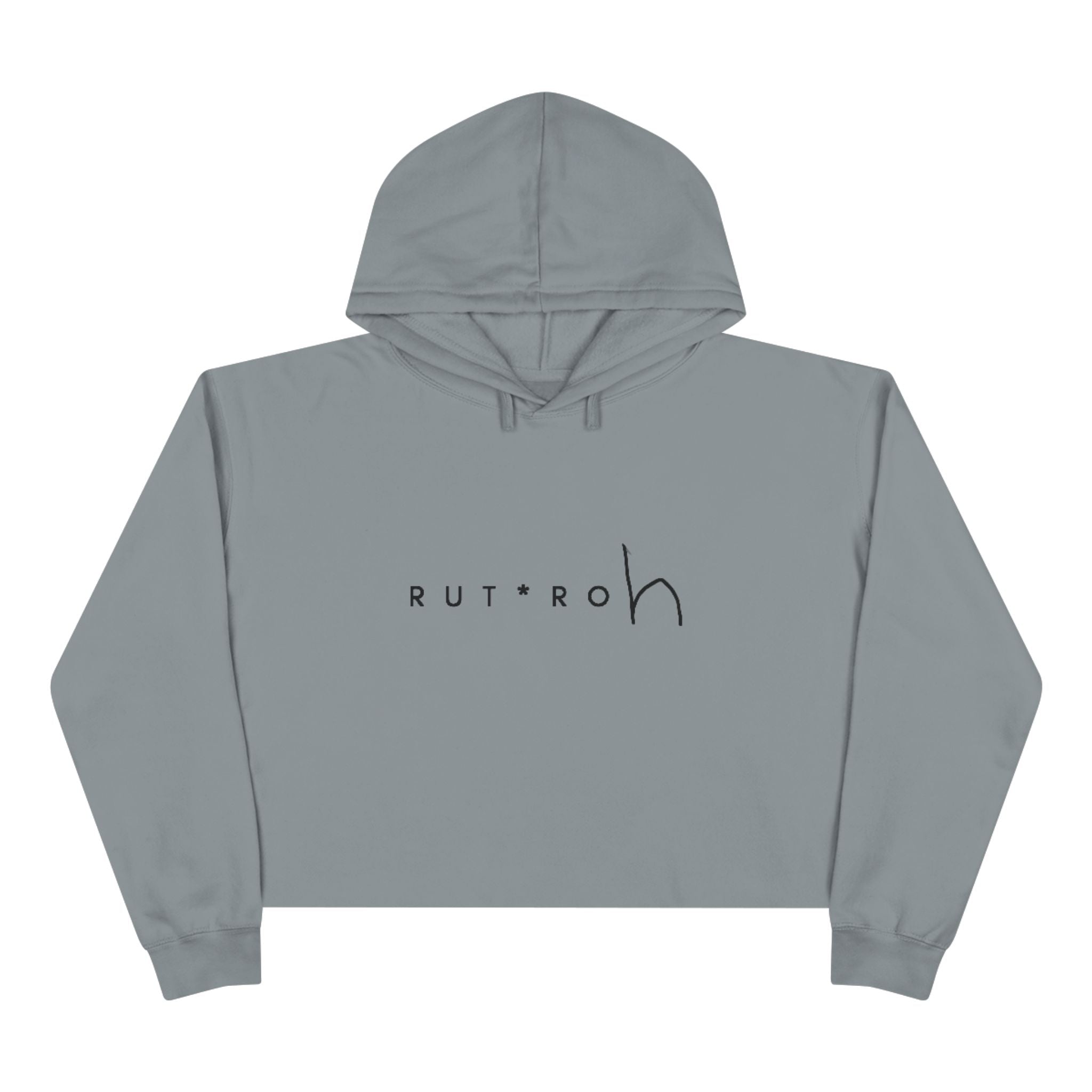 White cropped hoodie with minimal hand-drawn RUT*ROh chest graphic, dropped shoulders and raw hem, casual streetwear style