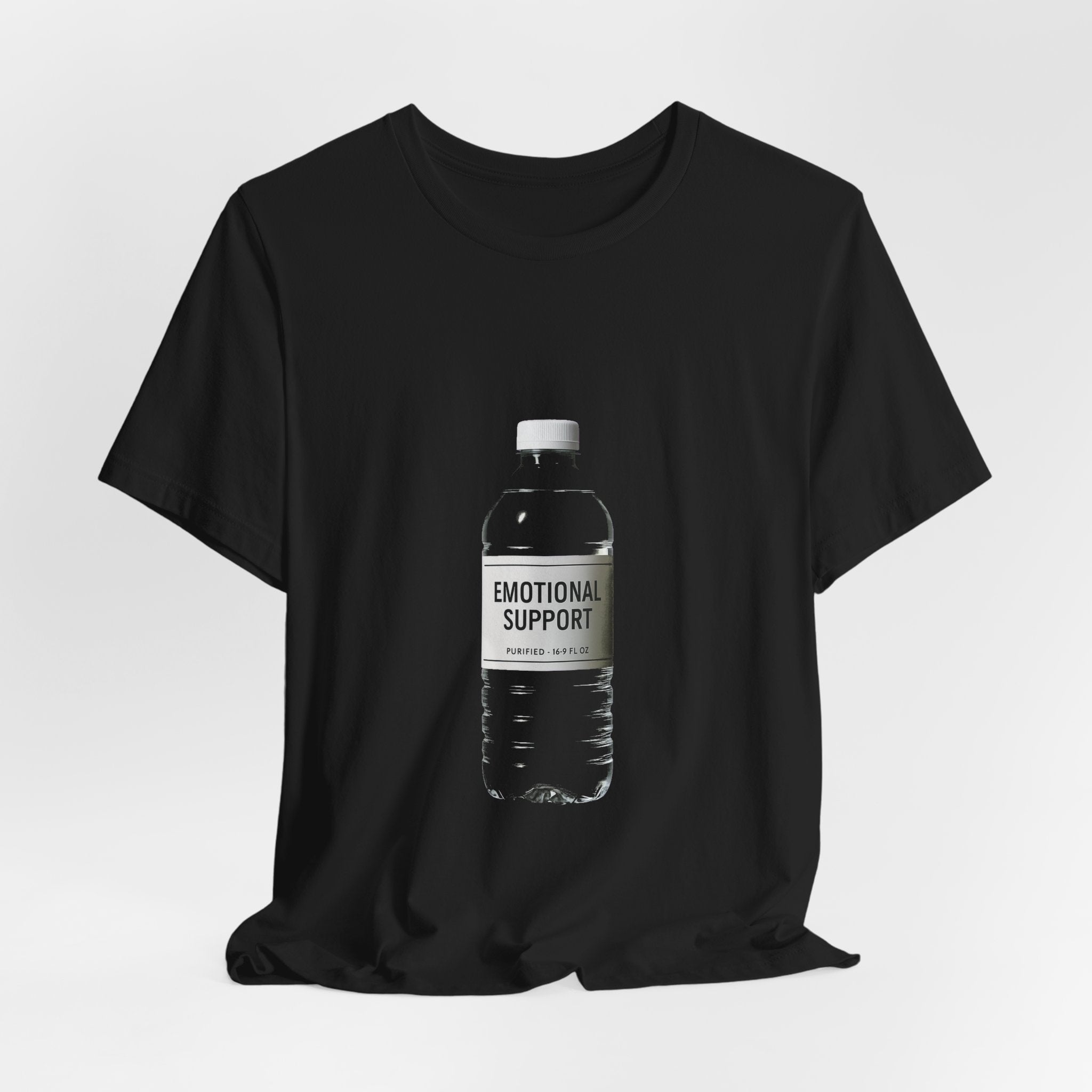 Unisex black Bella+Canvas graphic tee with Emotional Support Water Bottle print, shown flat lay, sizes S to 3XL