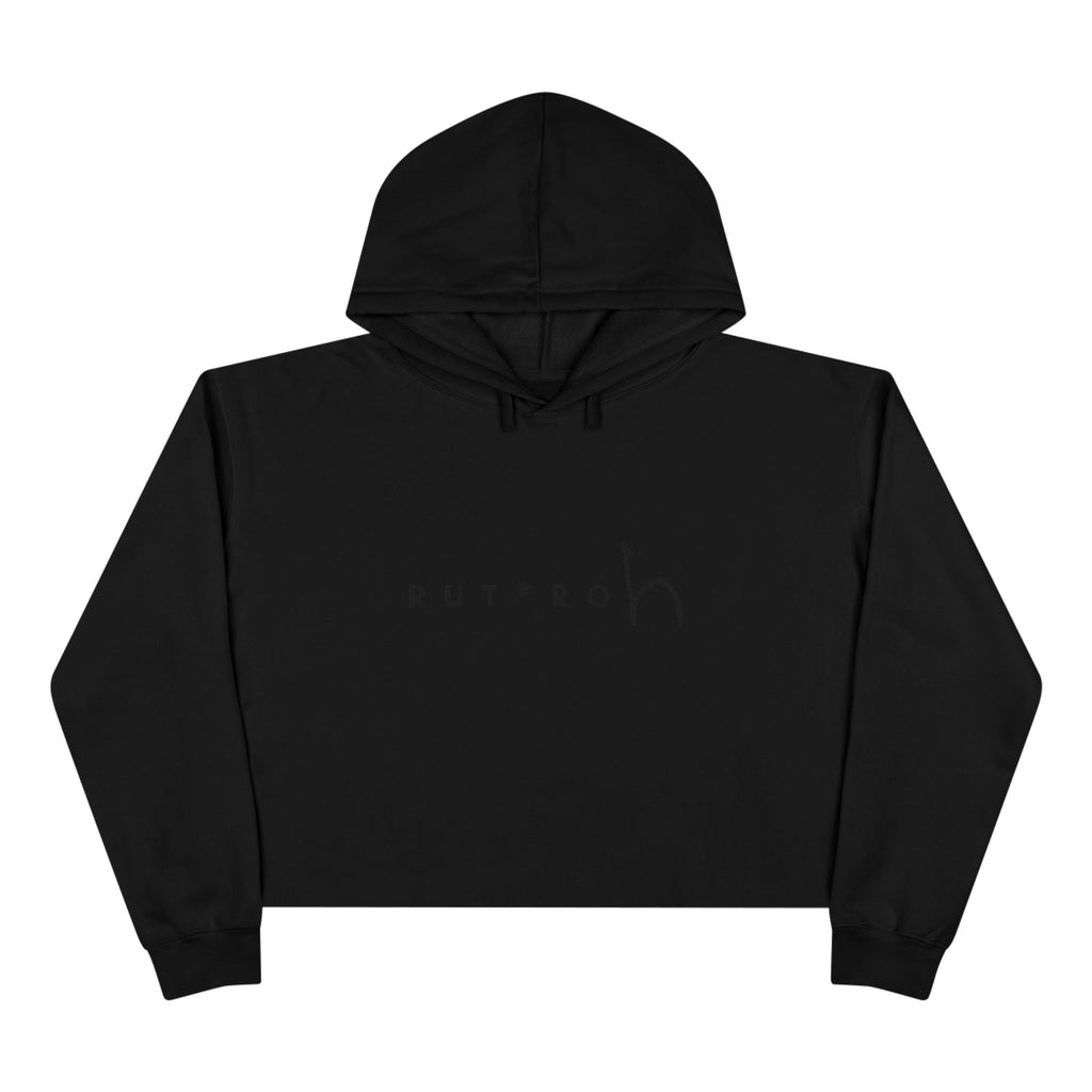 White cropped hoodie with minimal hand-drawn RUT*ROh chest graphic, dropped shoulders and raw hem, casual streetwear style