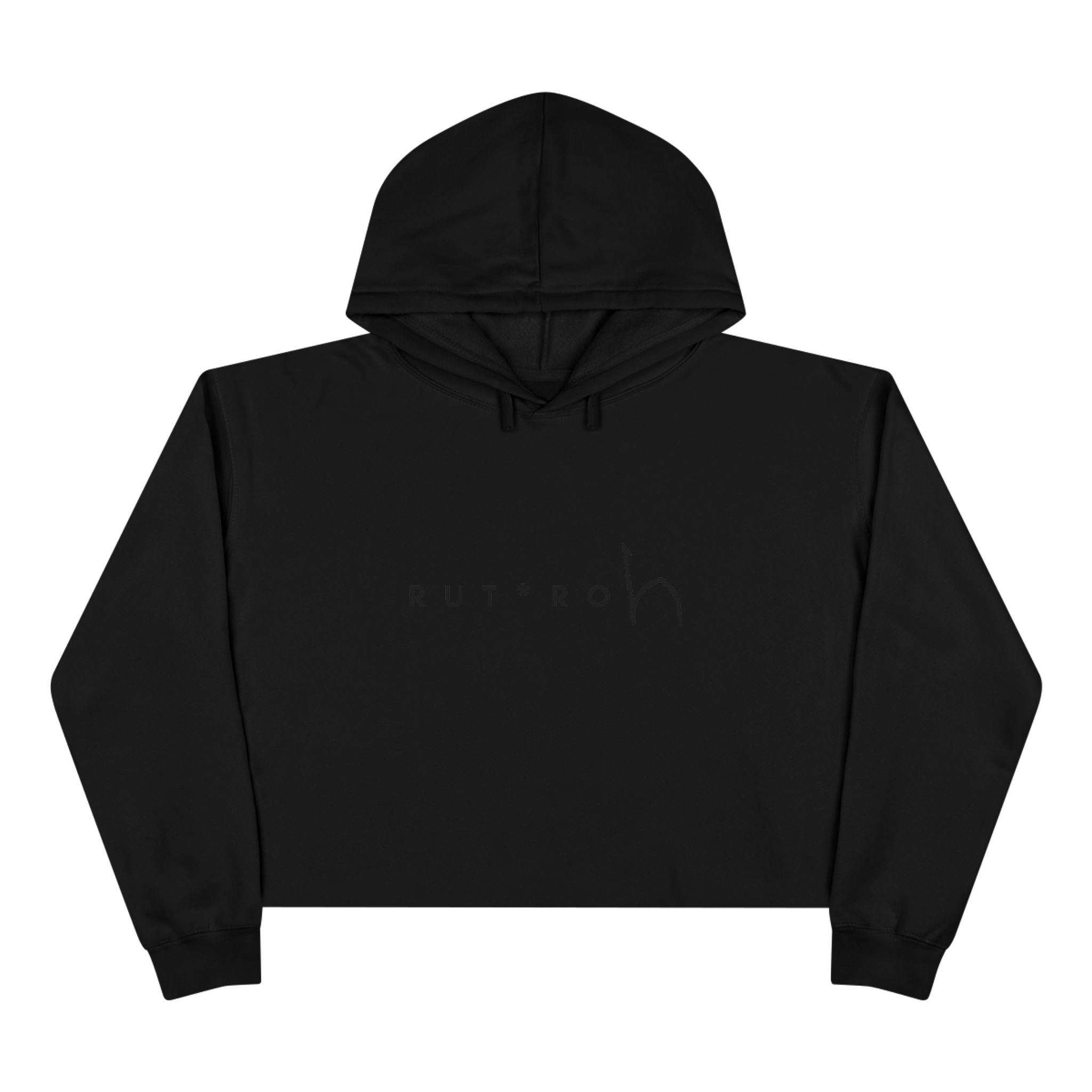 White cropped hoodie with minimal hand-drawn RUT*ROh chest graphic, dropped shoulders and raw hem, casual streetwear style