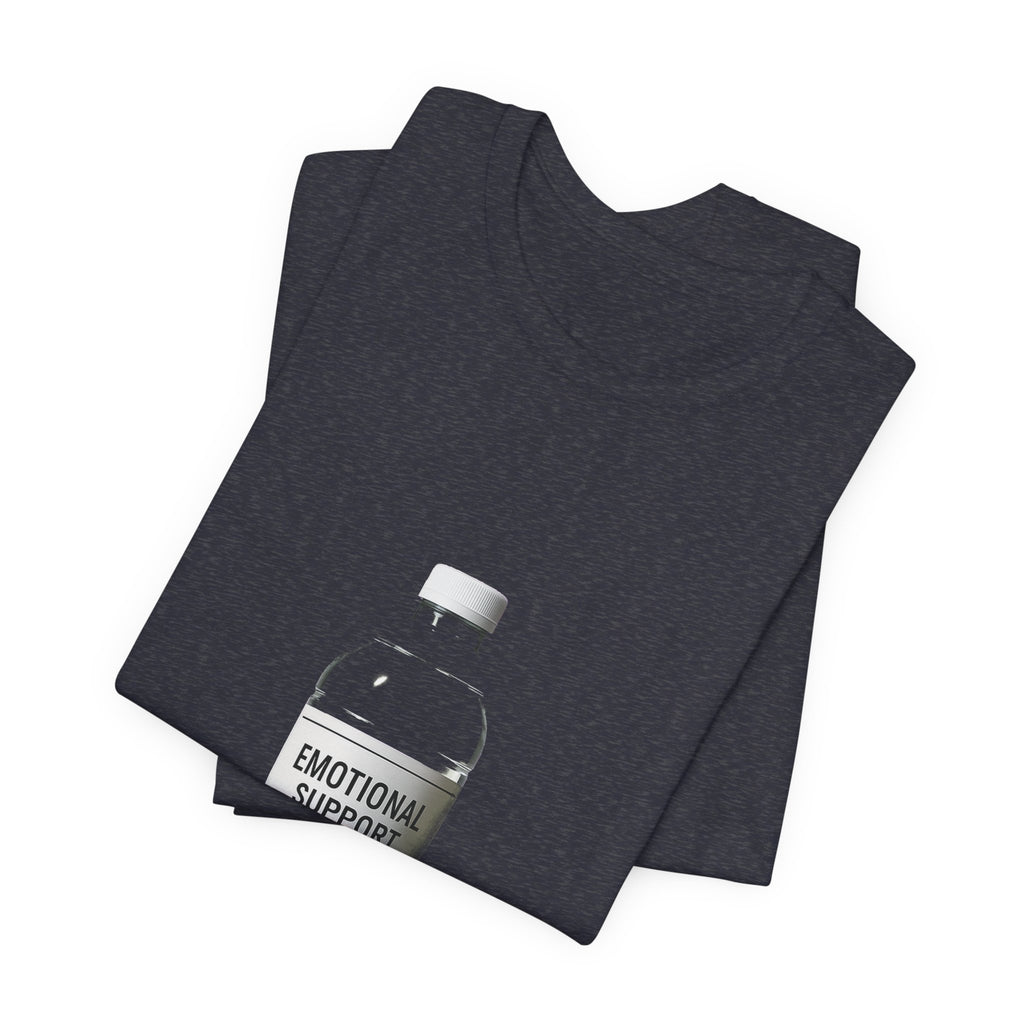 Unisex black Bella+Canvas graphic tee with Emotional Support Water Bottle print, shown flat lay, sizes S to 3XL