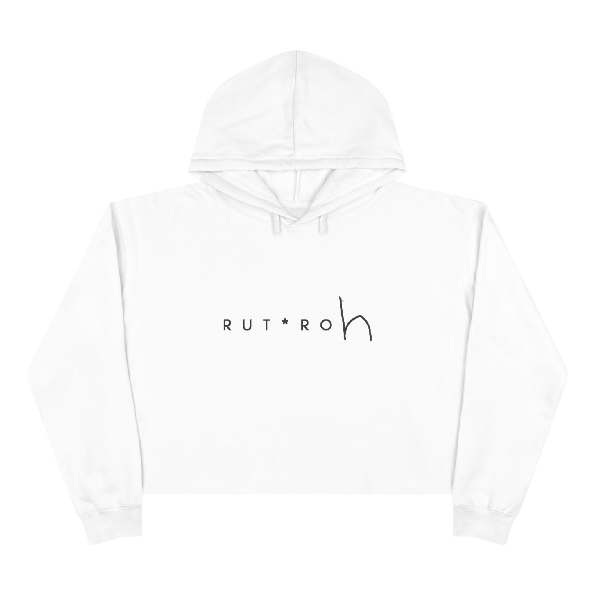 White cropped hoodie with minimal hand-drawn RUT*ROh chest graphic, dropped shoulders and raw hem, casual streetwear style