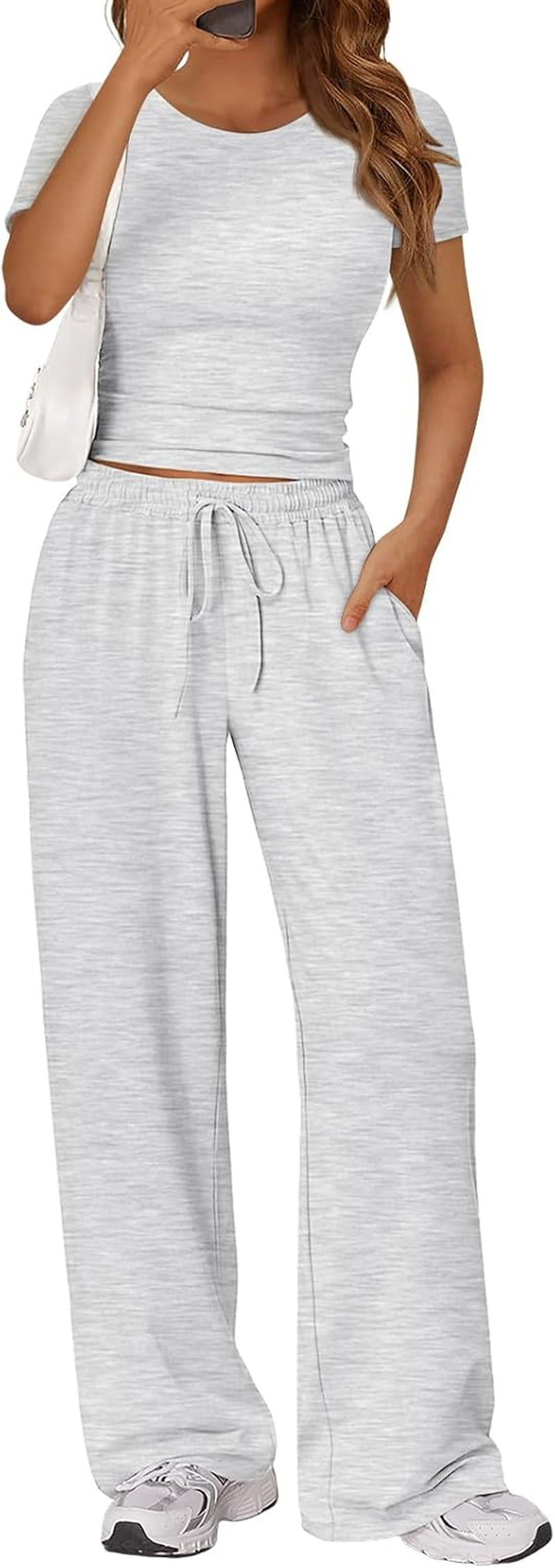 2 Piece Matching Summer Sweatsuit Lounge Set Womens Wide Leg Pants Side Ruching Crop Top Sets