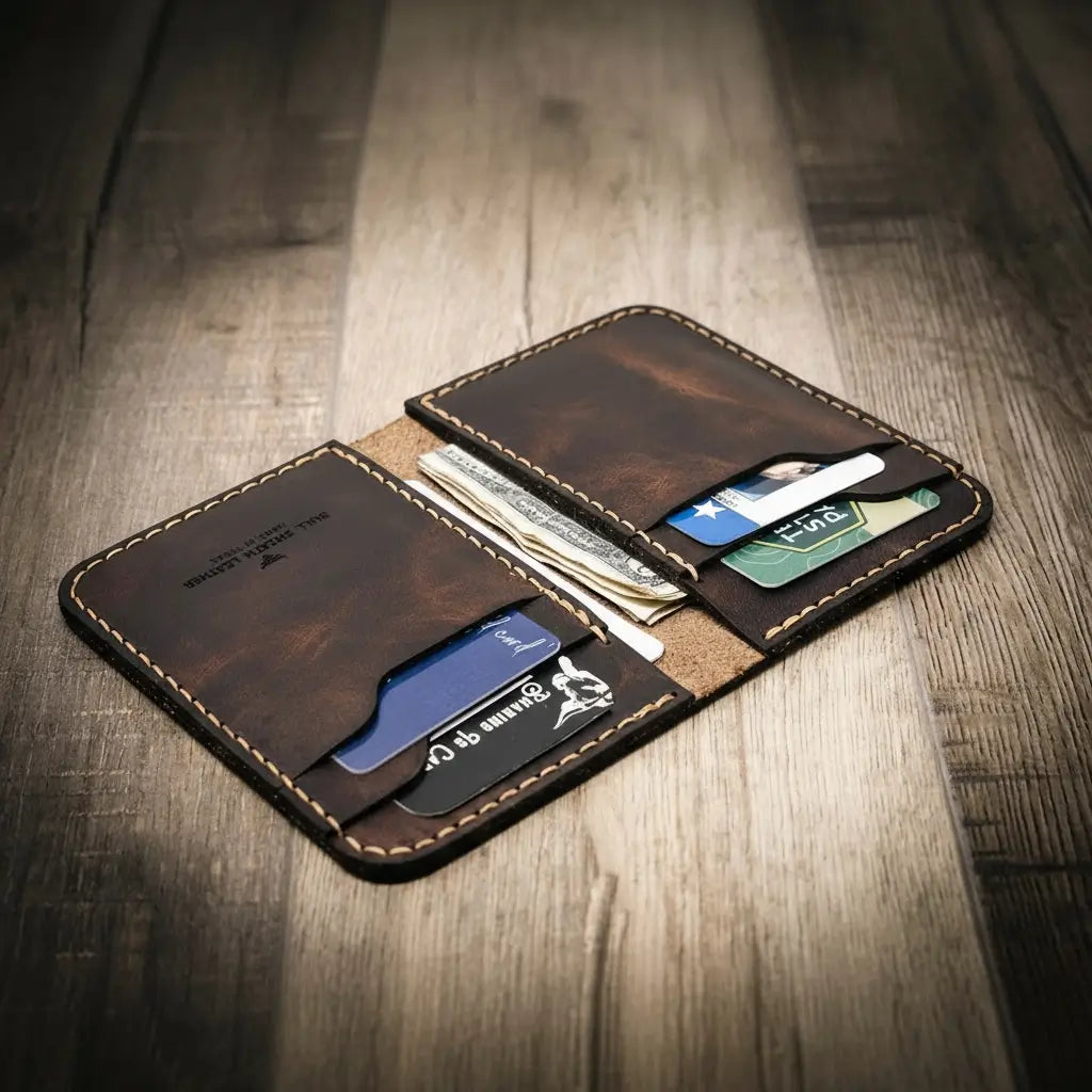 Tyler vertical wallet in full-grain tan vegetable-tanned leather, standing upright showing card slots and slim profile