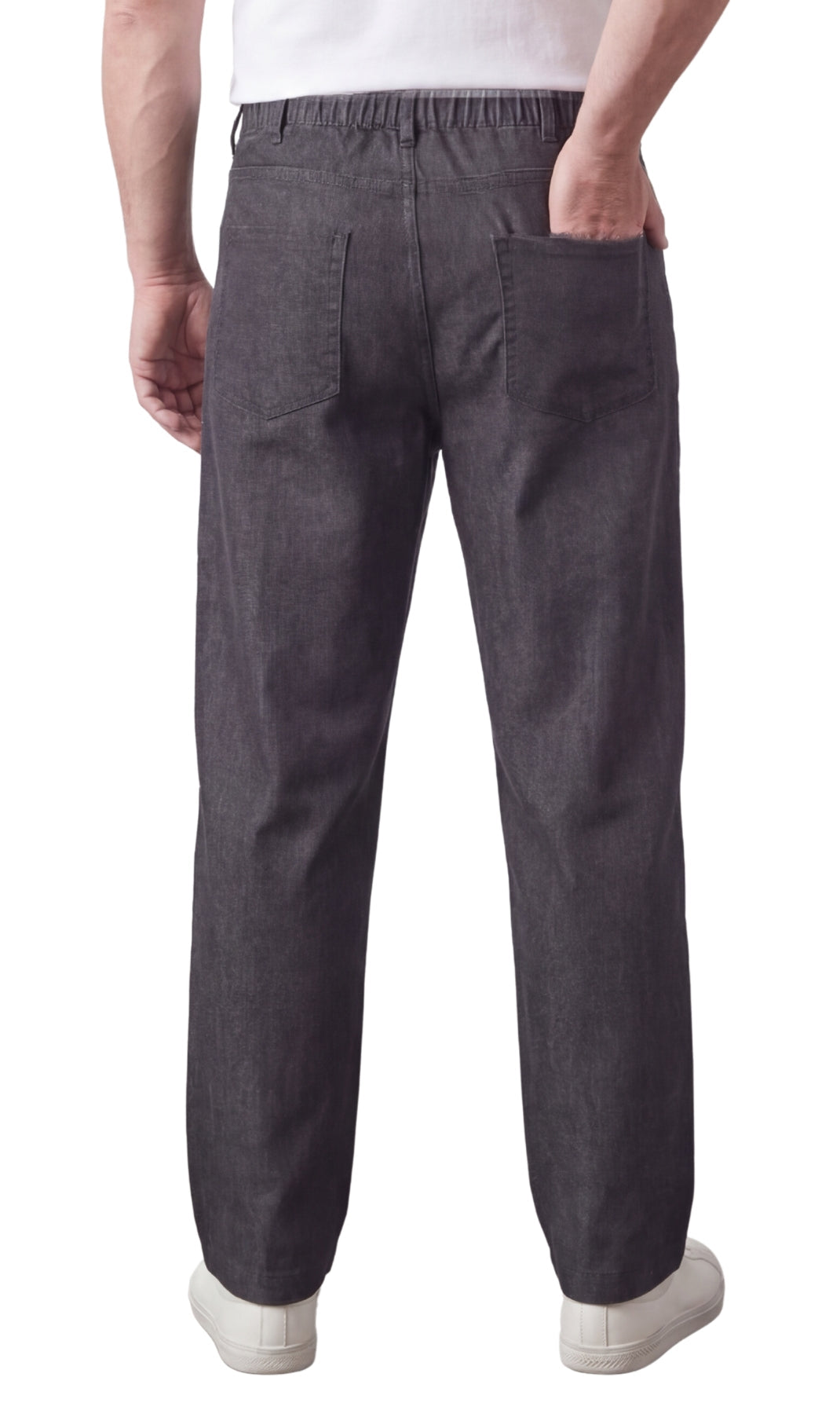 Men's lightweight pull-on jeans in denim and twill with elastic waistband, relaxed fit through seat and thigh
