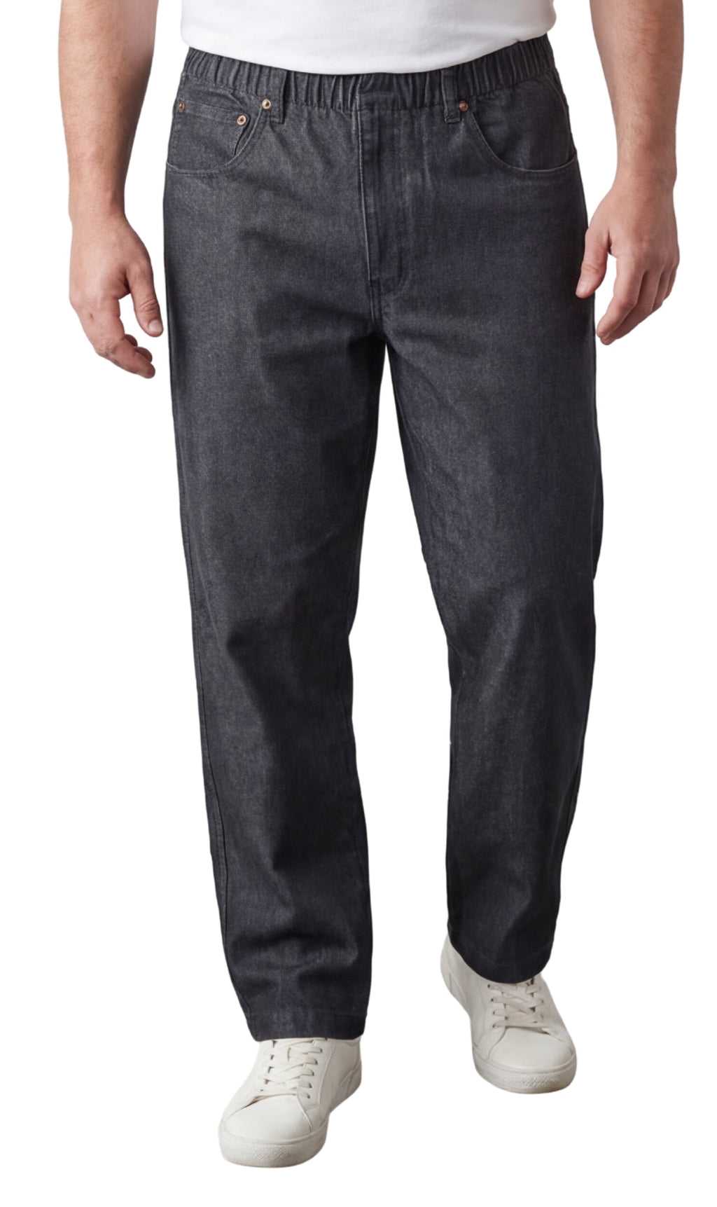 Men's lightweight pull-on jeans in denim and twill with elastic waistband, relaxed fit through seat and thigh