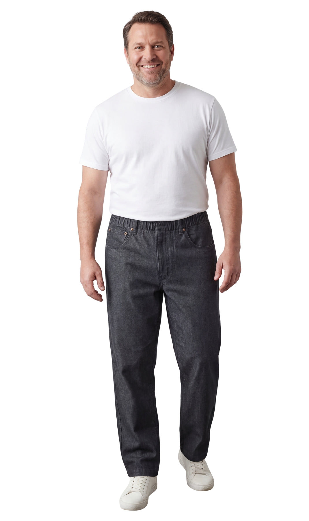 Men's lightweight pull-on jeans in denim and twill with elastic waistband, relaxed fit through seat and thigh
