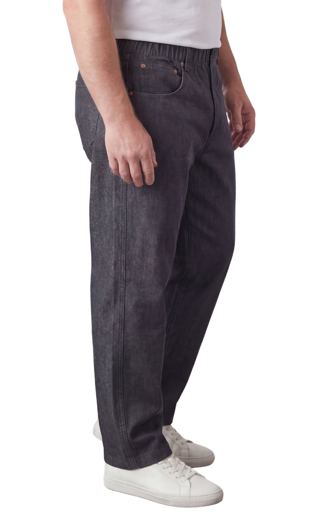 Men's lightweight pull-on jeans in denim and twill with elastic waistband, relaxed fit through seat and thigh