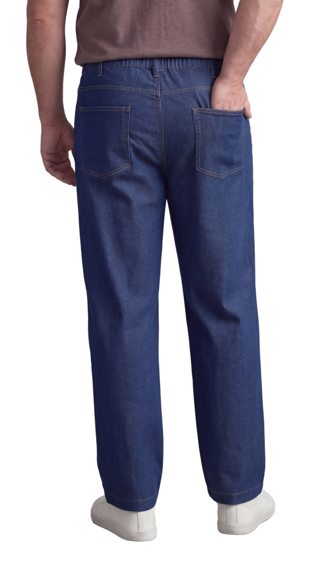 Men's lightweight pull-on jeans in denim and twill with elastic waistband, relaxed fit through seat and thigh