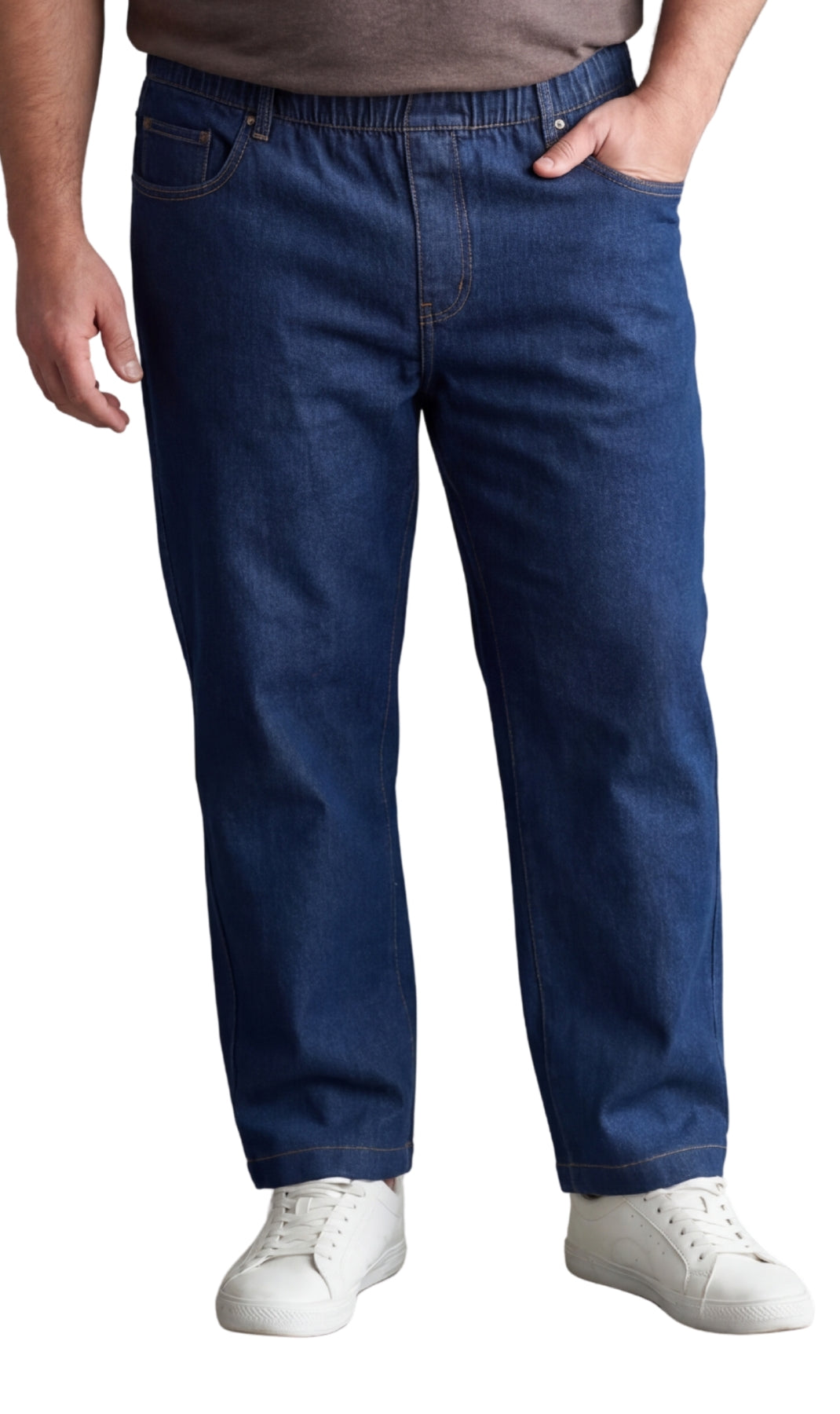 Men's lightweight pull-on jeans in denim and twill with elastic waistband, relaxed fit through seat and thigh