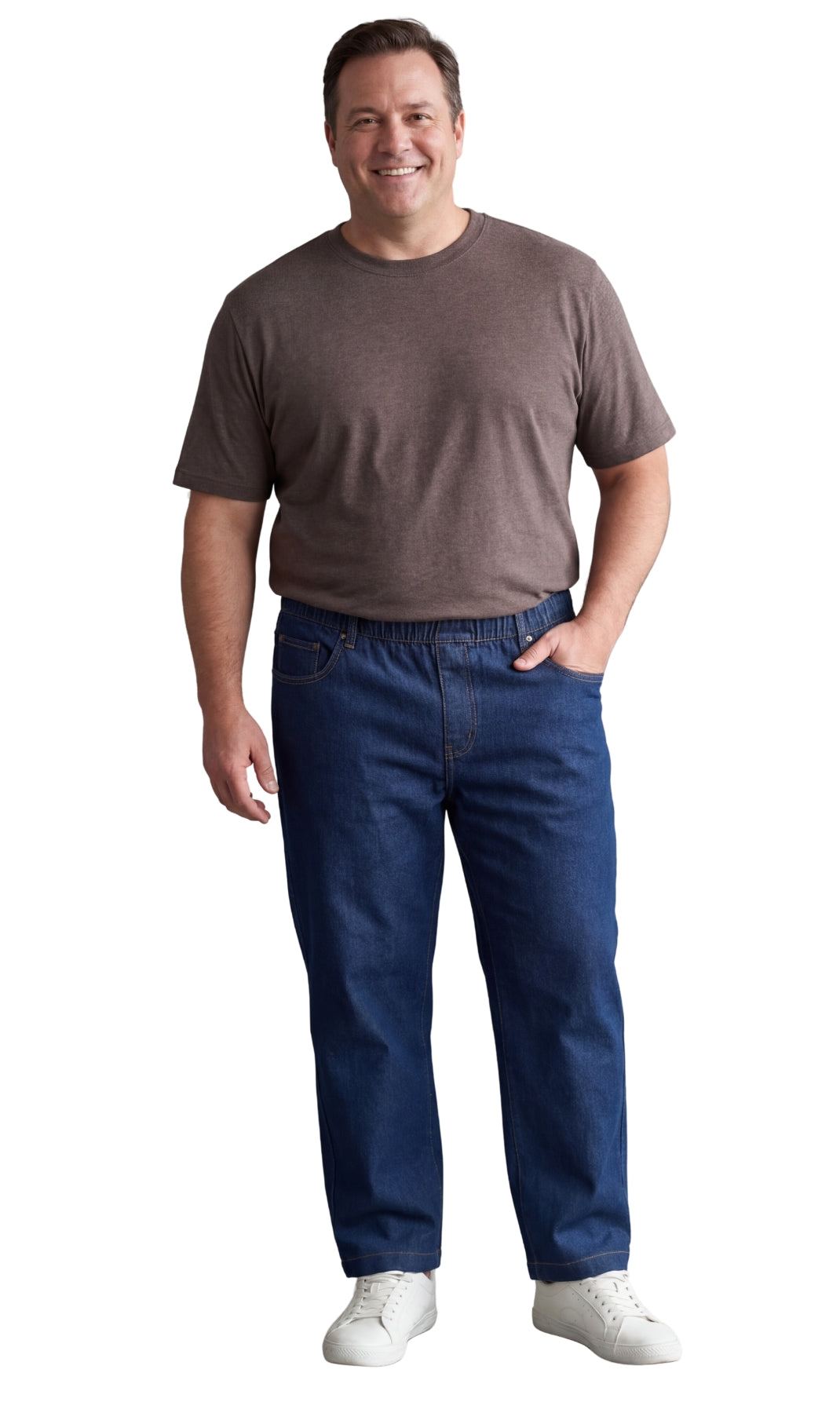 Men's lightweight pull-on jeans in denim and twill with elastic waistband, relaxed fit through seat and thigh