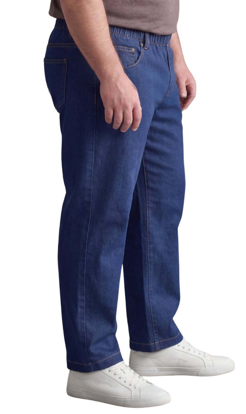 Men's lightweight pull-on jeans in denim and twill with elastic waistband, relaxed fit through seat and thigh