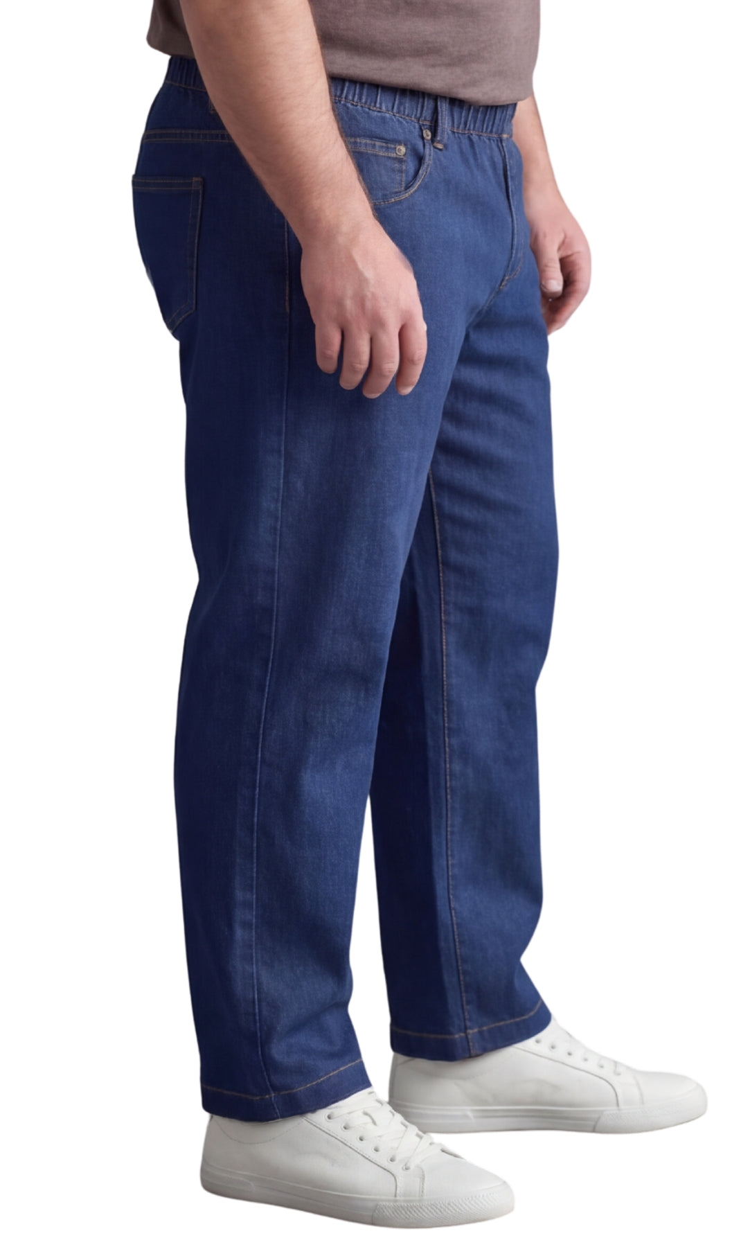 Men's lightweight pull-on jeans in denim and twill with elastic waistband, relaxed fit through seat and thigh