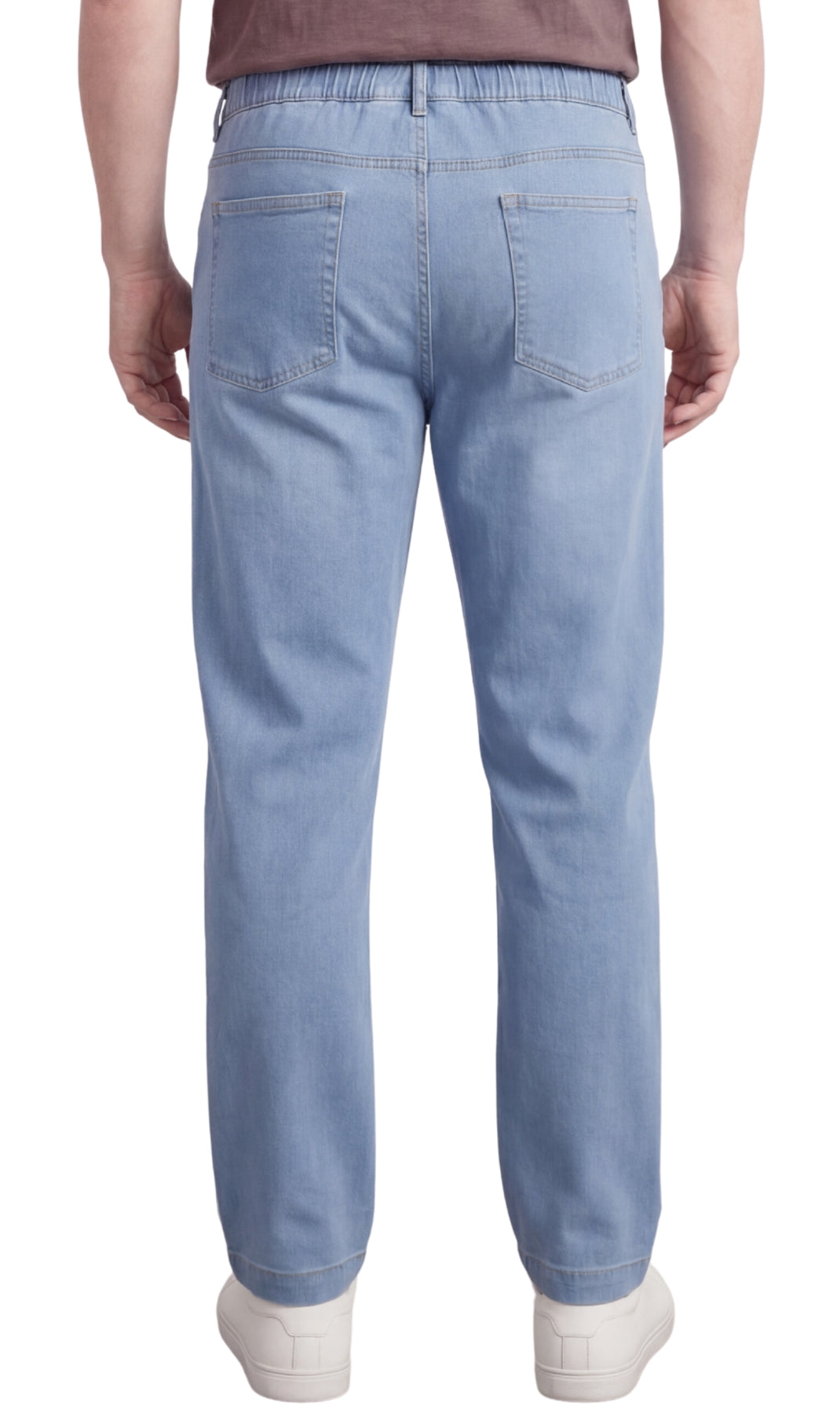 Men's lightweight pull-on jeans in denim and twill with elastic waistband, relaxed fit through seat and thigh