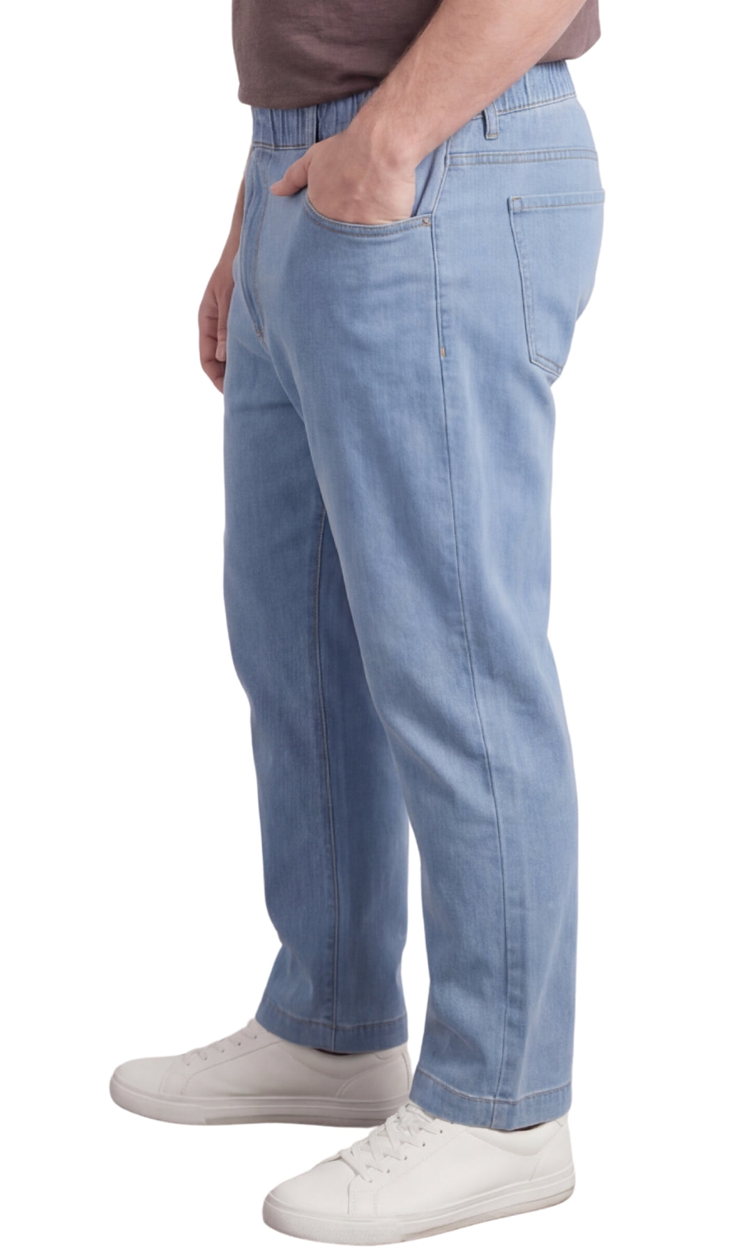 Men's lightweight pull-on jeans in denim and twill with elastic waistband, relaxed fit through seat and thigh