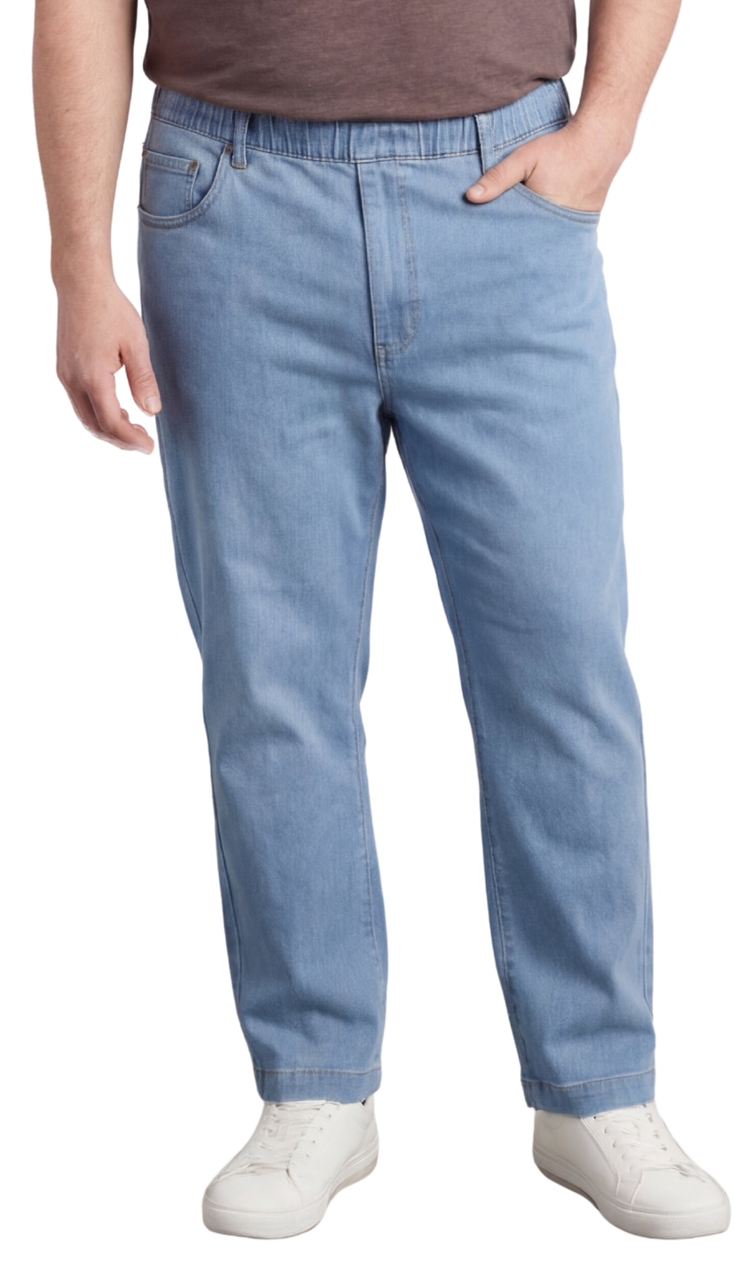 Men's lightweight pull-on jeans in denim and twill with elastic waistband, relaxed fit through seat and thigh