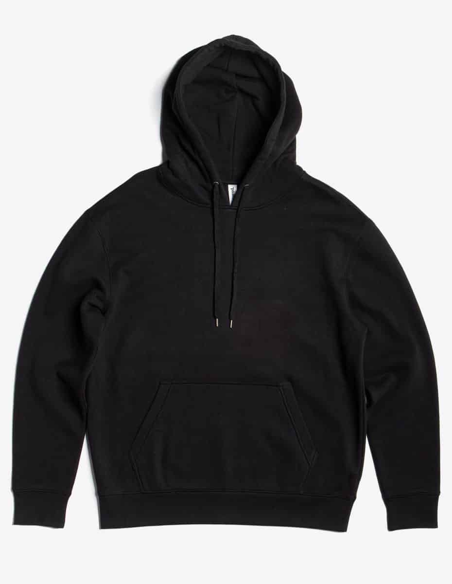 Heavyweight cotton fleece pullover hoodie in a structured standard fit, shown in a neutral colorway with ribbed cuffs and waistband