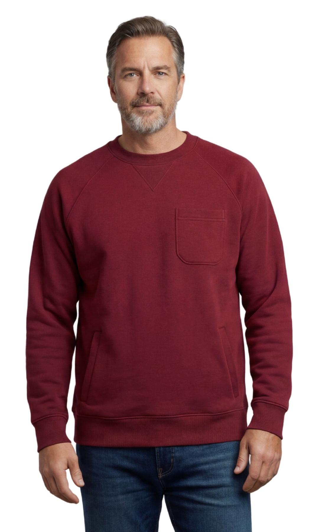 Men's fleece-lined cotton-poly pullover sweatshirt with chest pocket and raglan shoulder seams in a relaxed fit