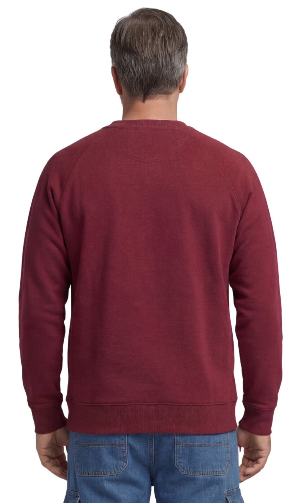 Men's fleece-lined cotton-poly pullover sweatshirt with chest pocket and raglan shoulder seams in a relaxed fit