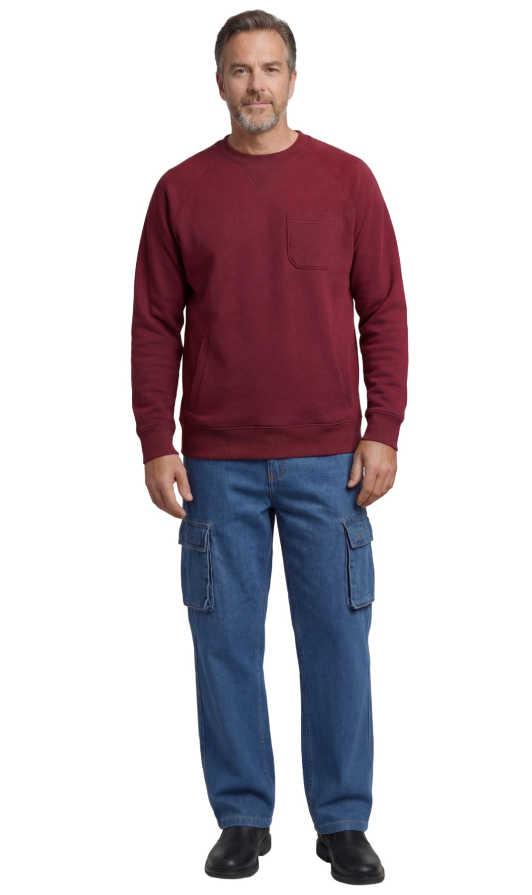 Men's fleece-lined cotton-poly pullover sweatshirt with chest pocket and raglan shoulder seams in a relaxed fit