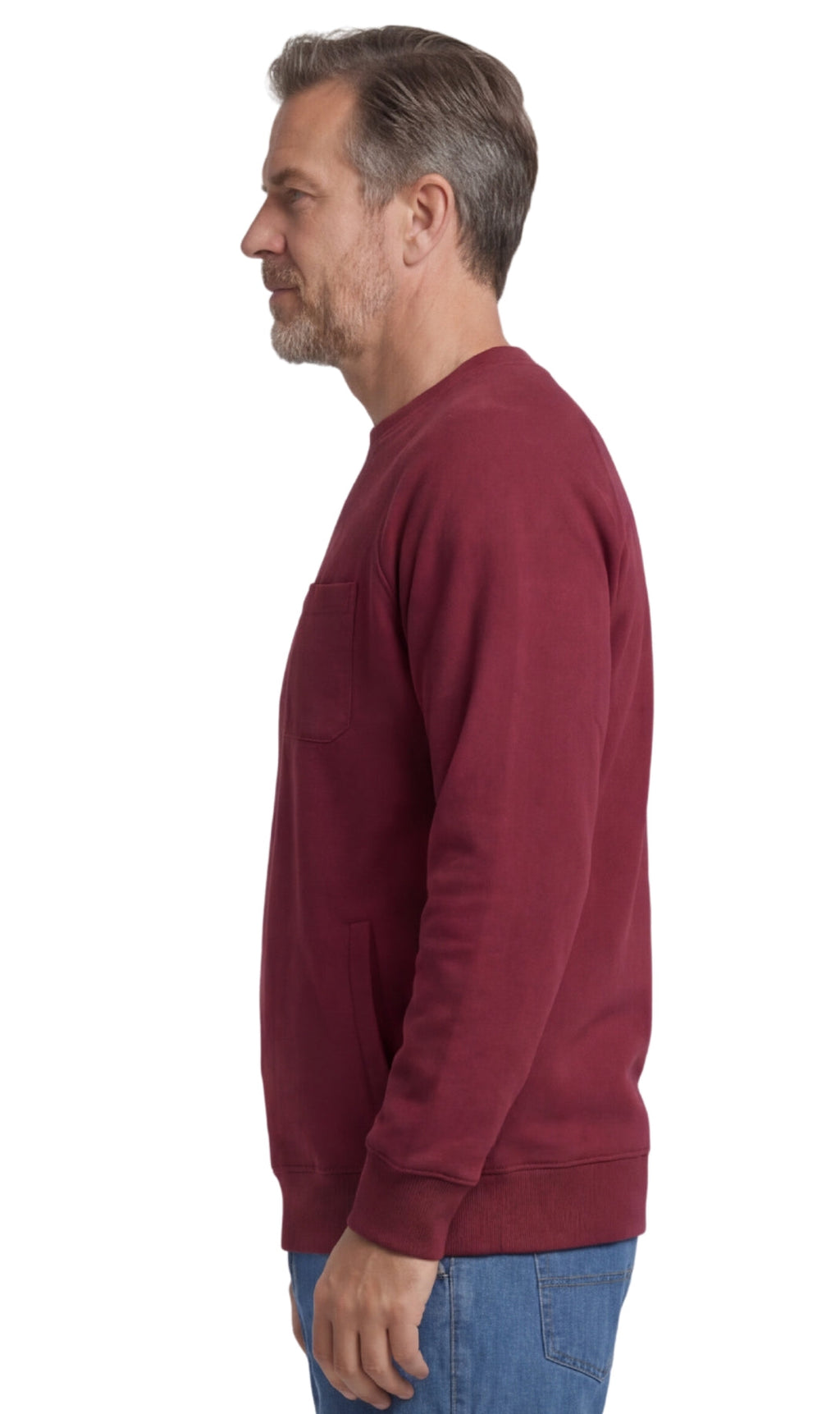 Men's fleece-lined cotton-poly pullover sweatshirt with chest pocket and raglan shoulder seams in a relaxed fit