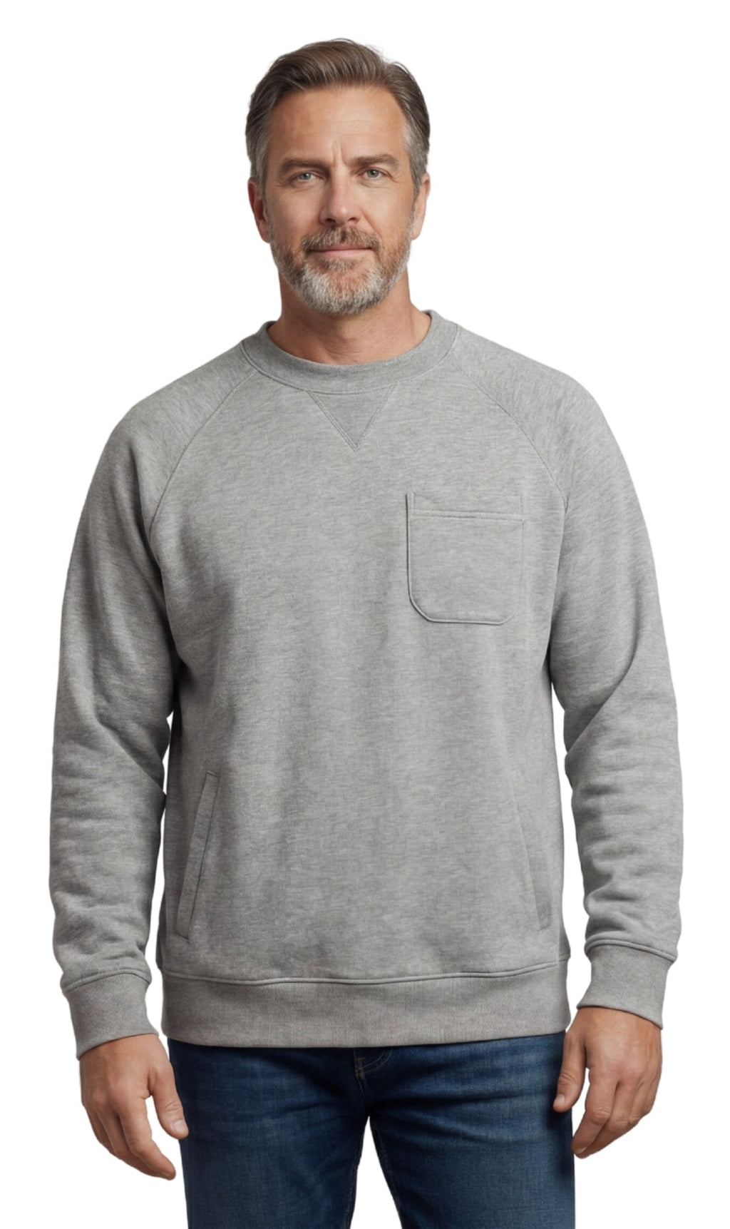 Men's fleece-lined cotton-poly pullover sweatshirt with chest pocket and raglan shoulder seams in a relaxed fit