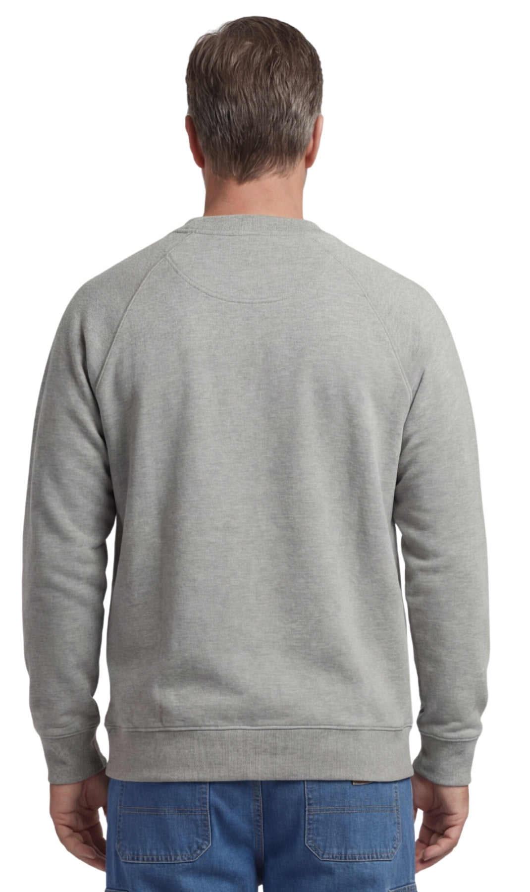 Men's fleece-lined cotton-poly pullover sweatshirt with chest pocket and raglan shoulder seams in a relaxed fit