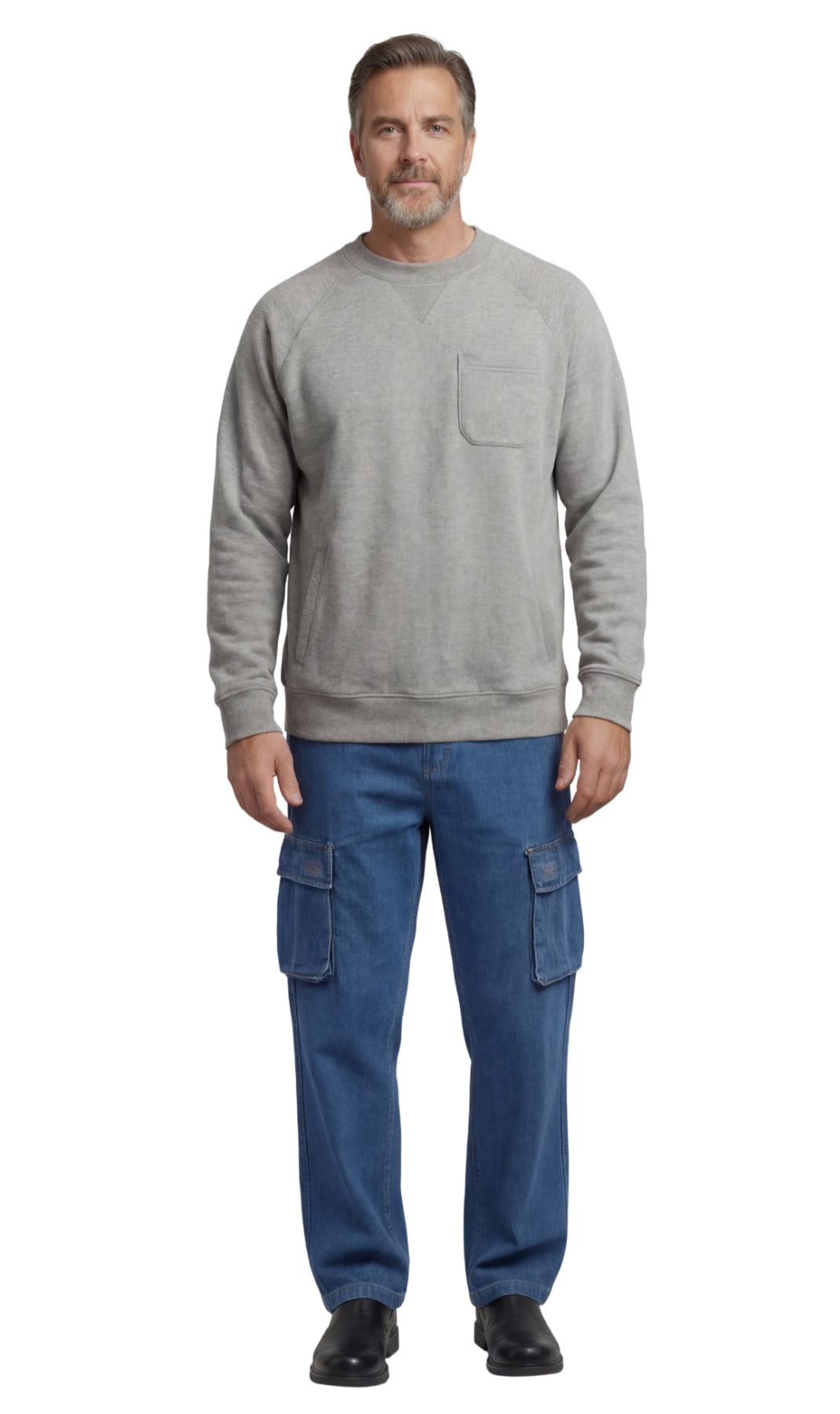 Men's fleece-lined cotton-poly pullover sweatshirt with chest pocket and raglan shoulder seams in a relaxed fit