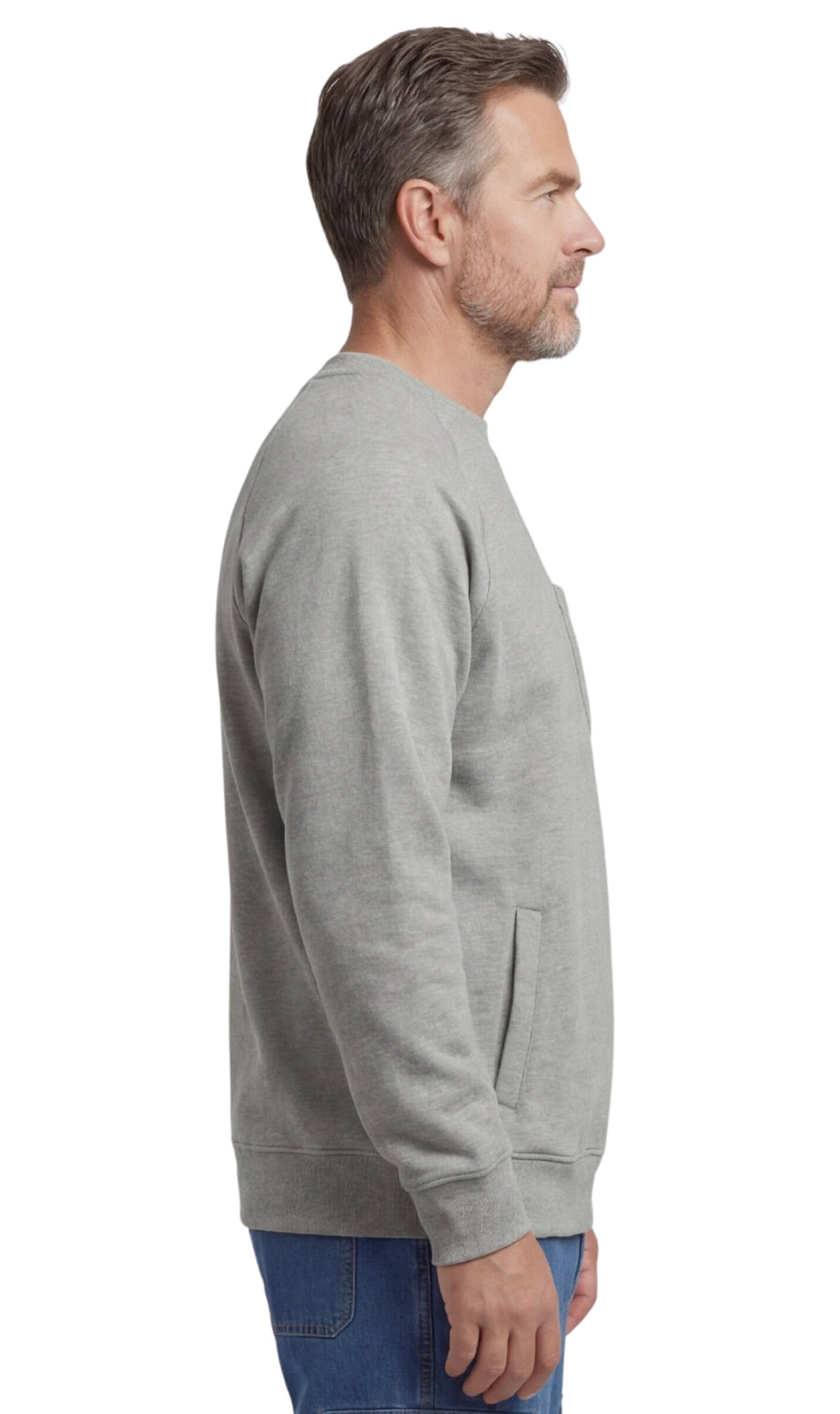 Men's fleece-lined cotton-poly pullover sweatshirt with chest pocket and raglan shoulder seams in a relaxed fit