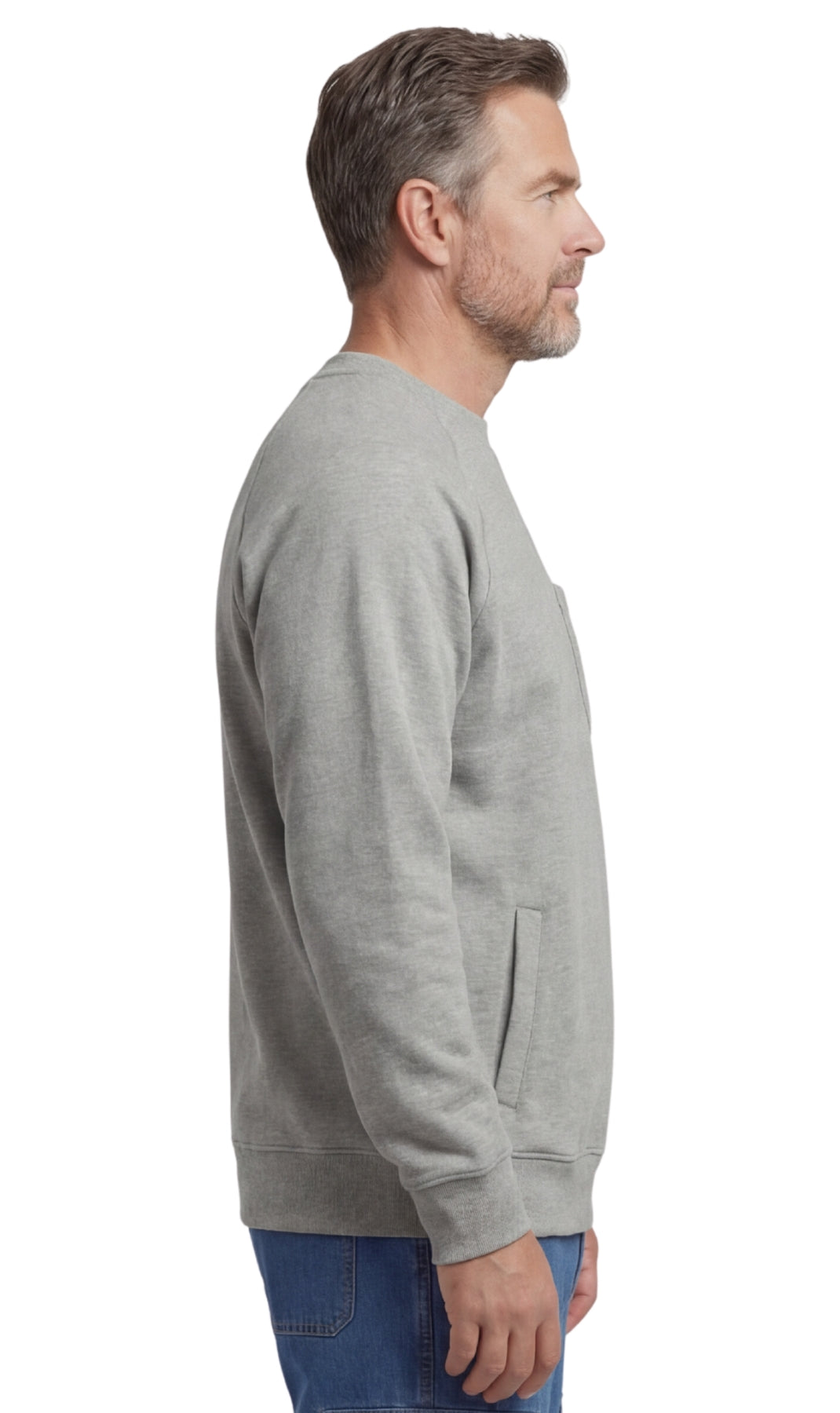 Men's fleece-lined cotton-poly pullover sweatshirt with chest pocket and raglan shoulder seams in a relaxed fit