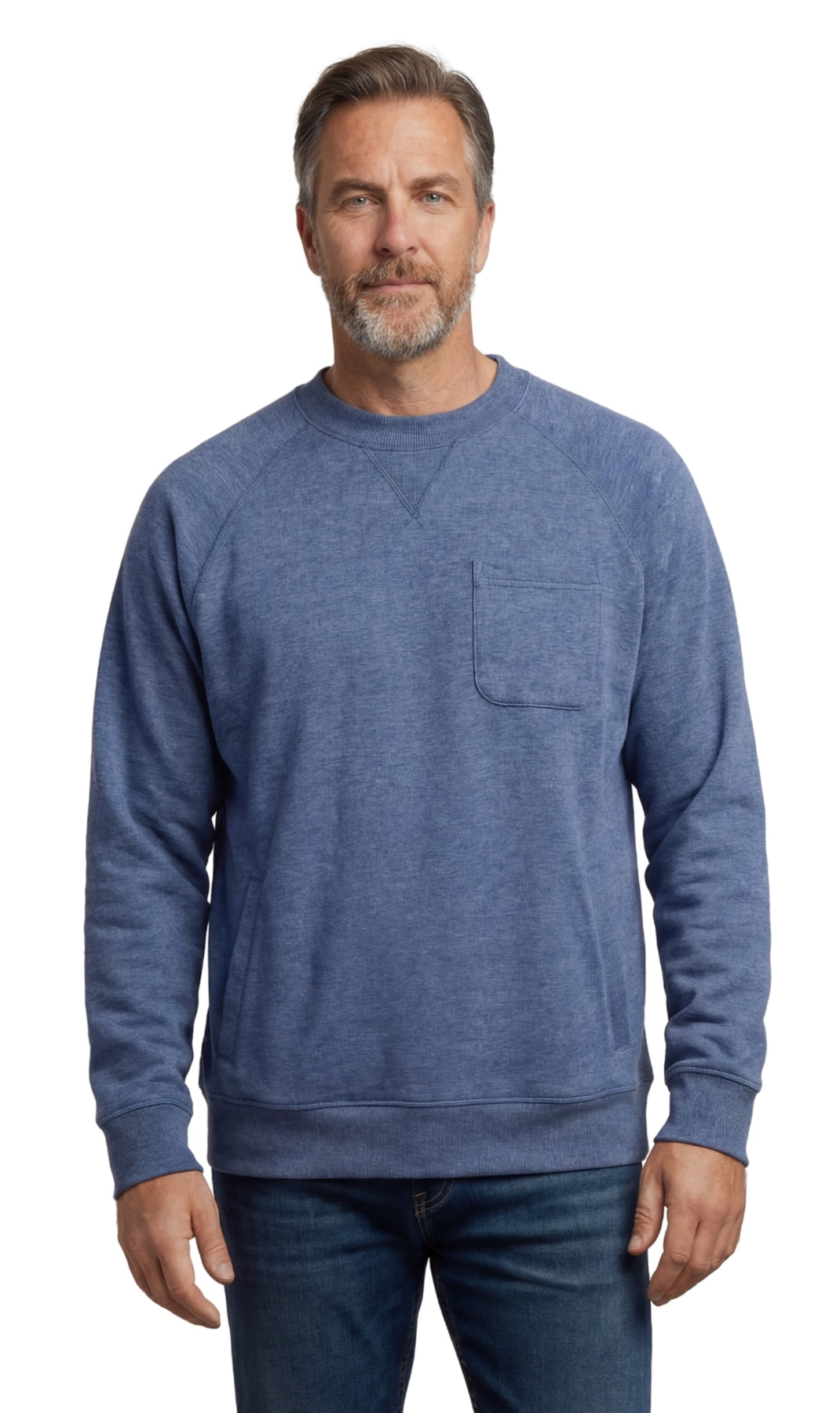 Men's fleece-lined cotton-poly pullover sweatshirt with chest pocket and raglan shoulder seams in a relaxed fit
