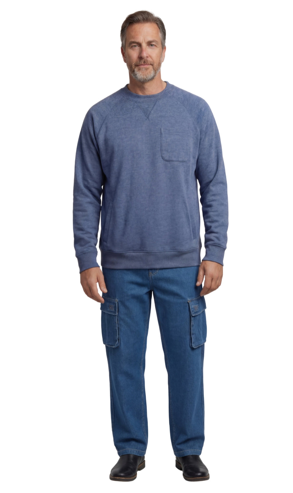 Men's fleece-lined cotton-poly pullover sweatshirt with chest pocket and raglan shoulder seams in a relaxed fit