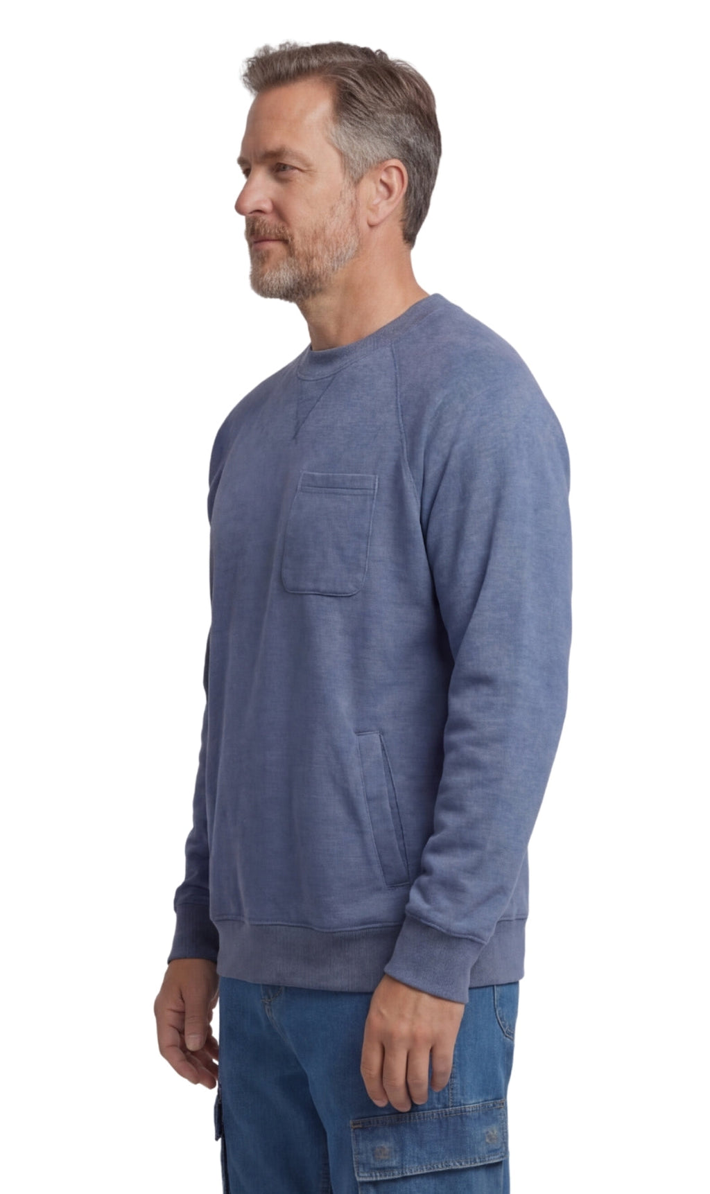 Men's fleece-lined cotton-poly pullover sweatshirt with chest pocket and raglan shoulder seams in a relaxed fit